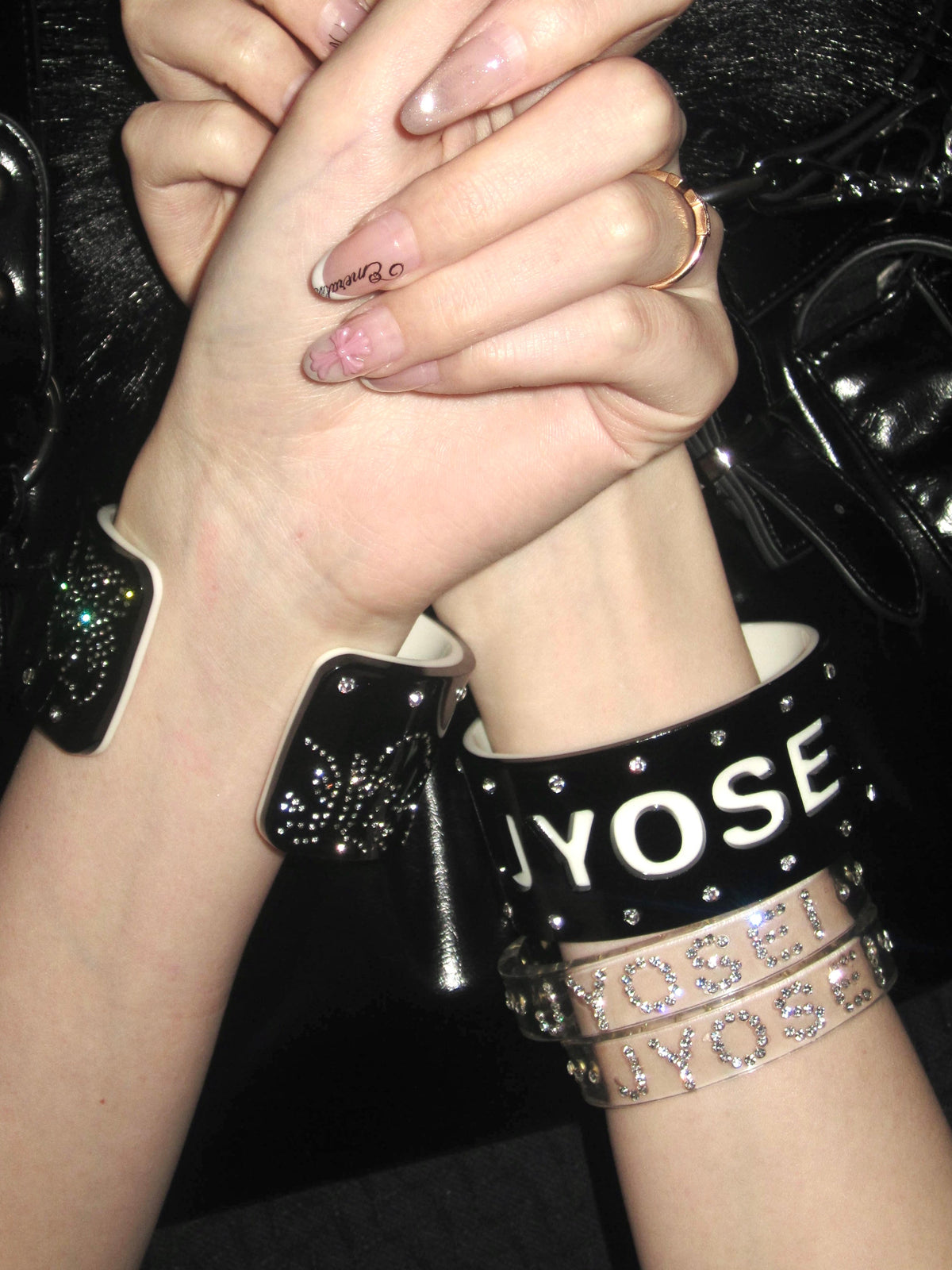 Sloane Black and White Acrylic Rhinestone Laser-Engraved Wide Cuff Bracelet