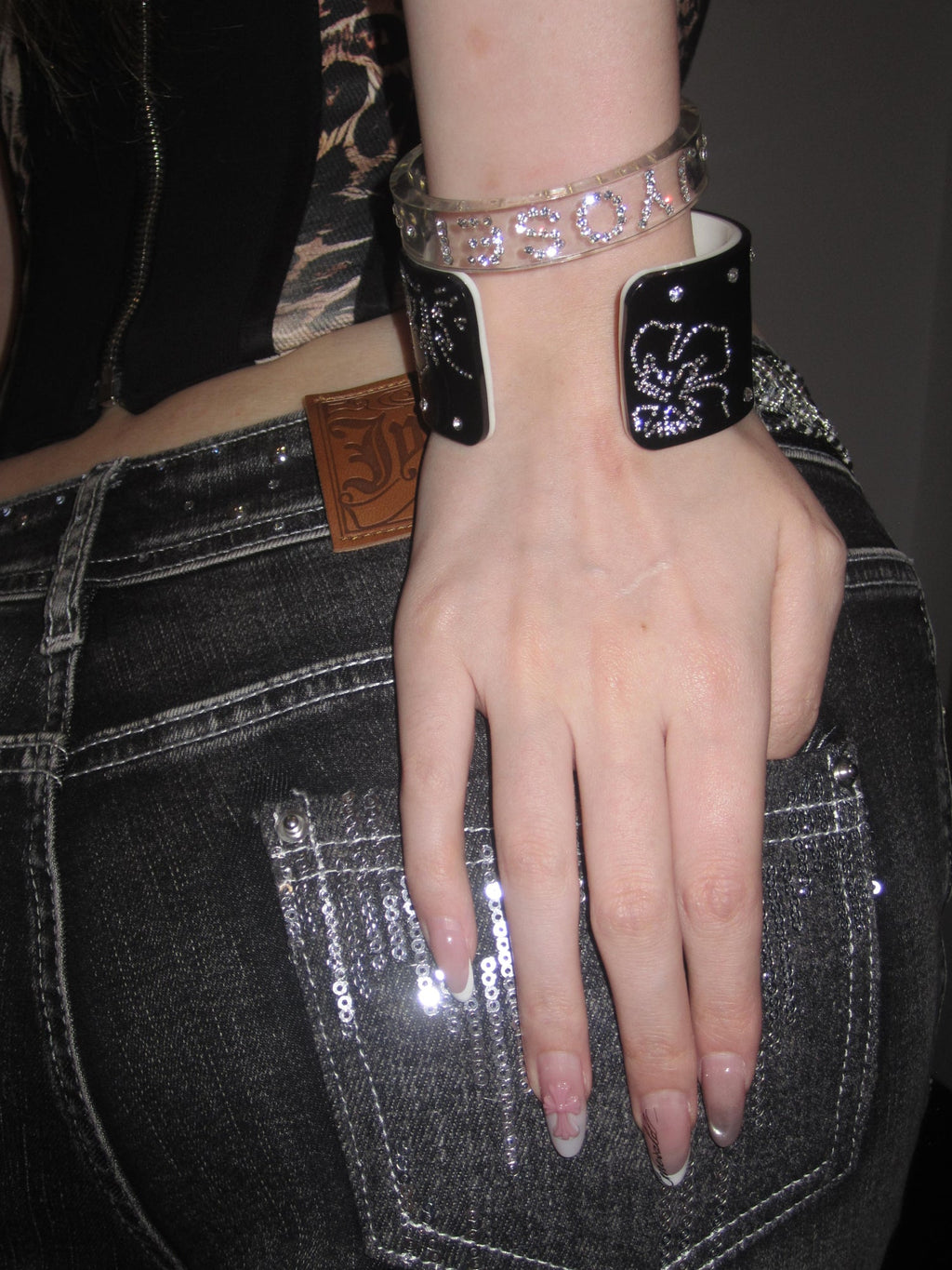 Sloane Black and White Acrylic Rhinestone Laser-Engraved Wide Cuff Bracelet