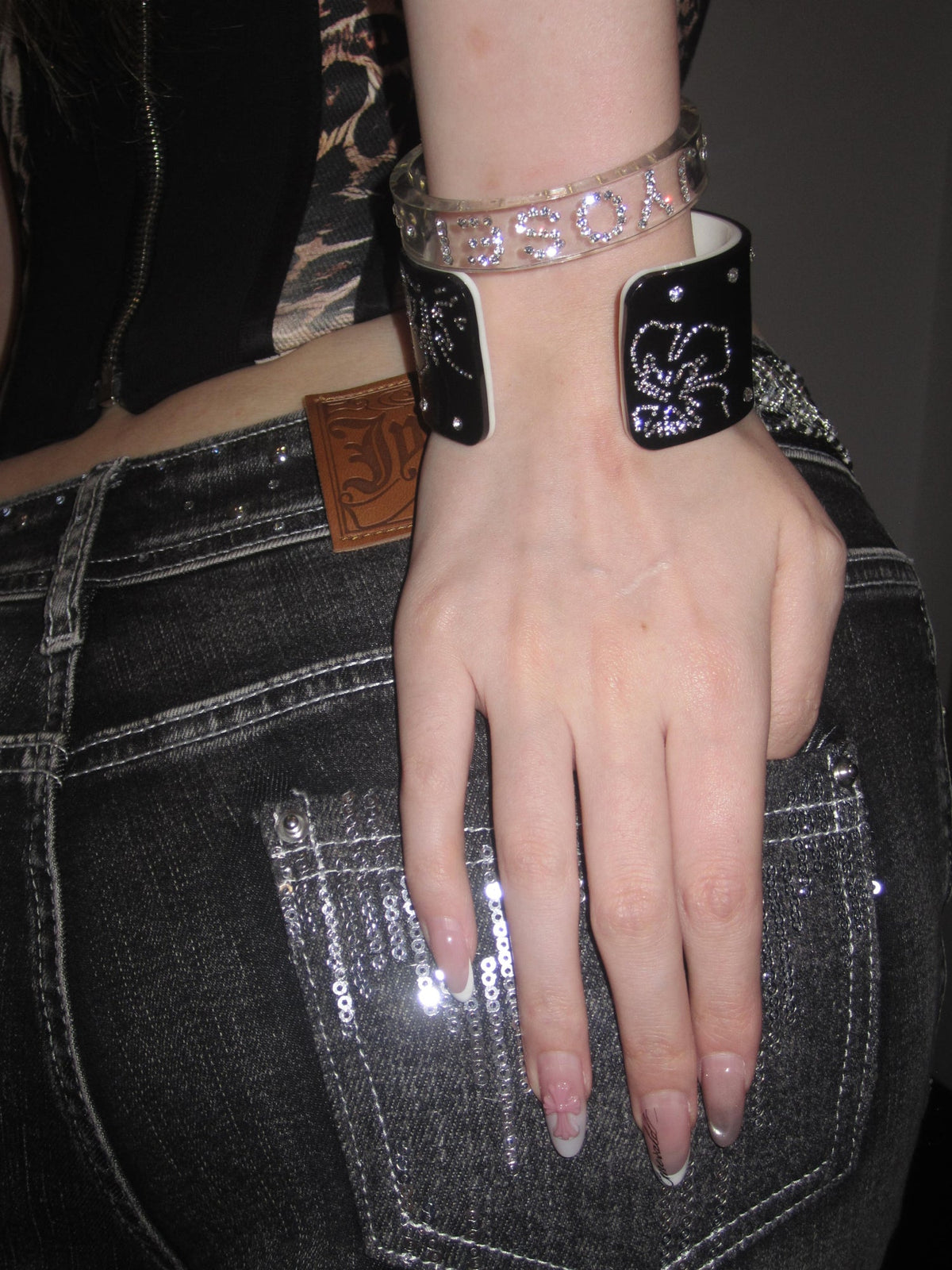 Sloane Black and White Acrylic Rhinestone Laser-Engraved Wide Cuff Bracelet