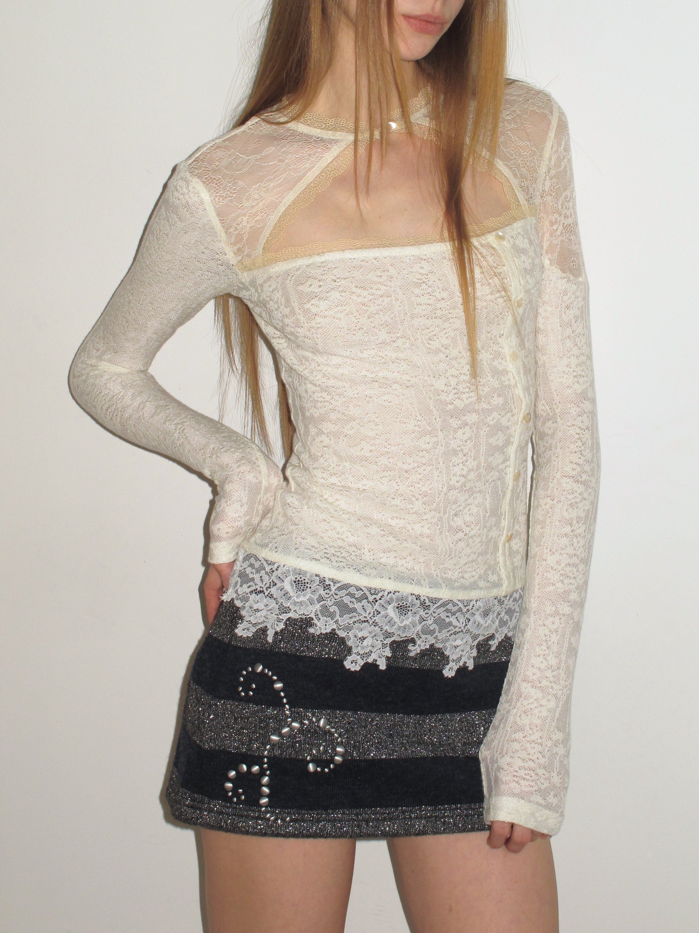 [A001155]Cool-Girl Deconstructed Lace Panel Tee