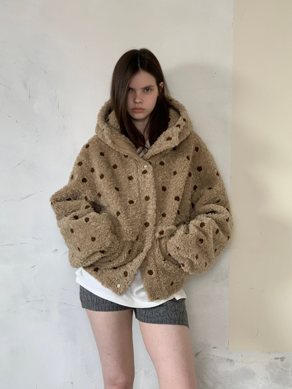 [A001066]Barn-Inspired Polka Dot Sherpa Jacket - Cozy & Cute