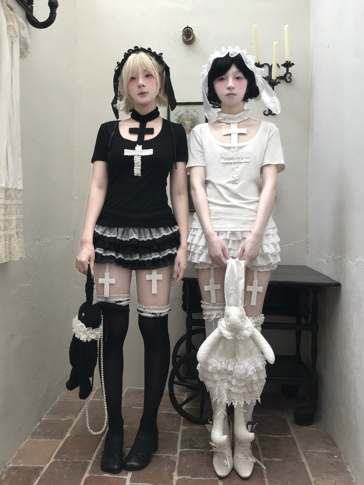 Gothic Embroidered Cross T-Shirt – White