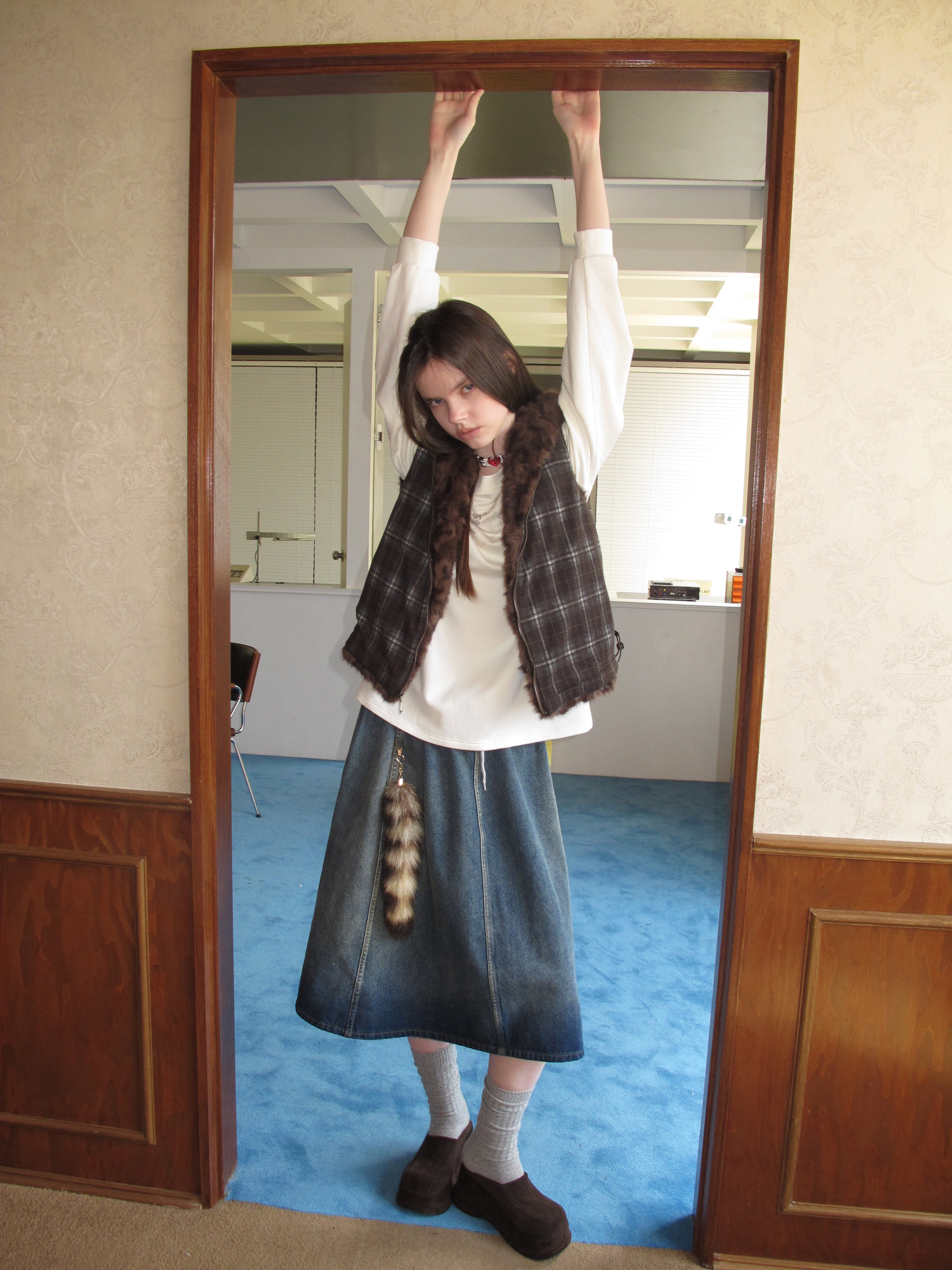 [A001051]Reversible Plush Vest with Vintage Check Pattern