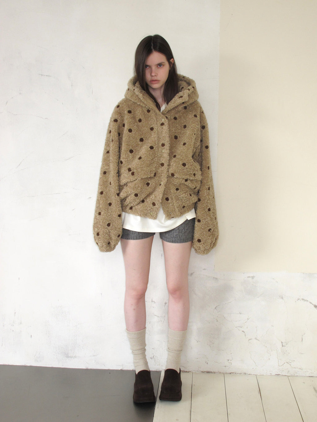 [A001066]Barn-Inspired Polka Dot Sherpa Jacket - Cozy & Cute
