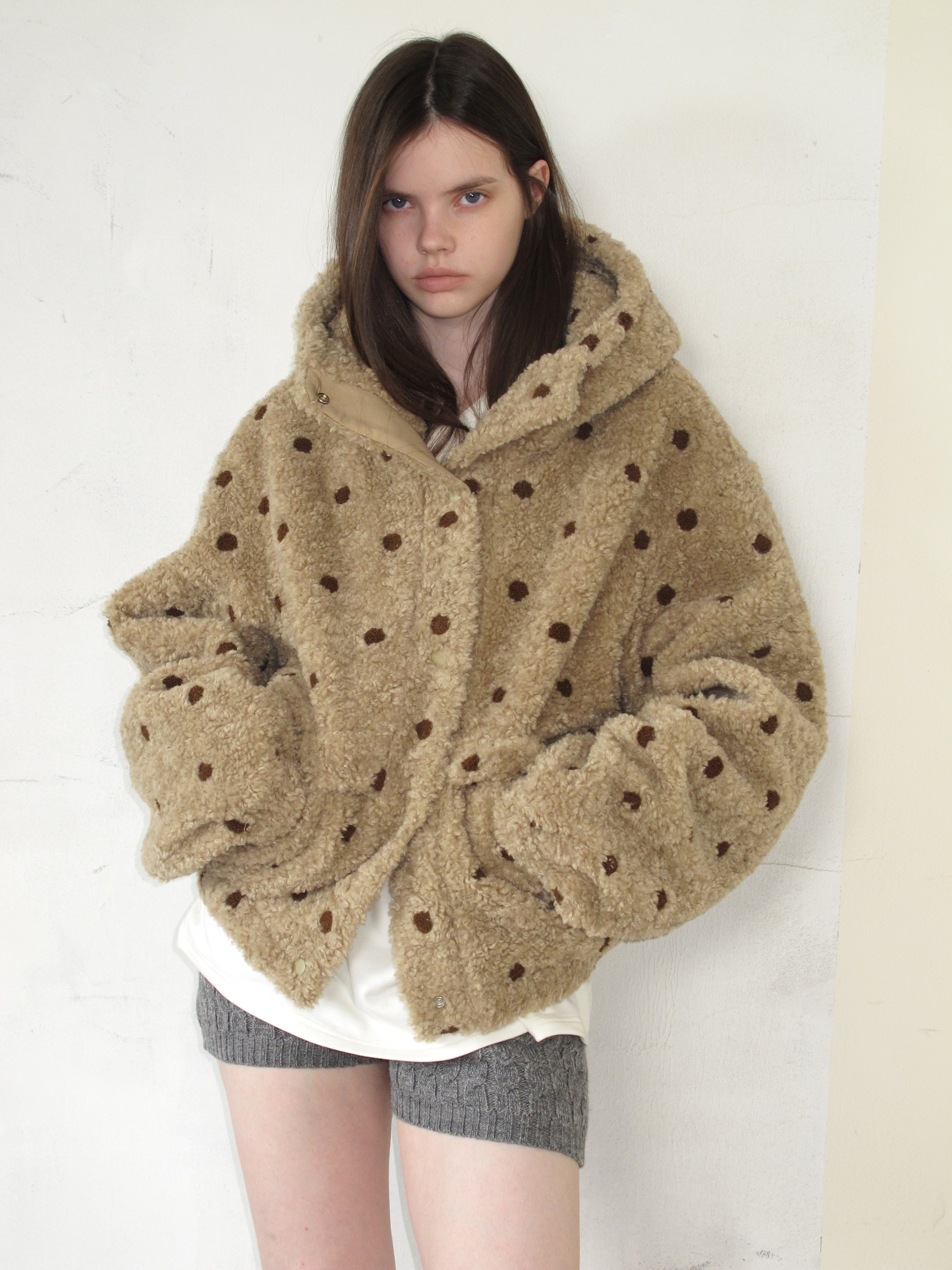 [A001066]Barn-Inspired Polka Dot Sherpa Jacket - Cozy & Cute