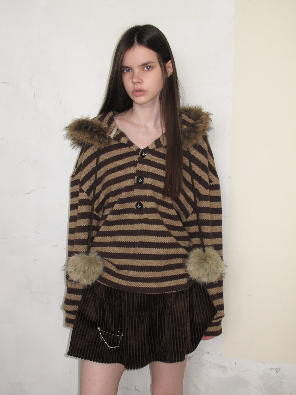[A001070]New Vintage Stripe Sweatshirt - Relaxed Fit with Pom-Pom Detail