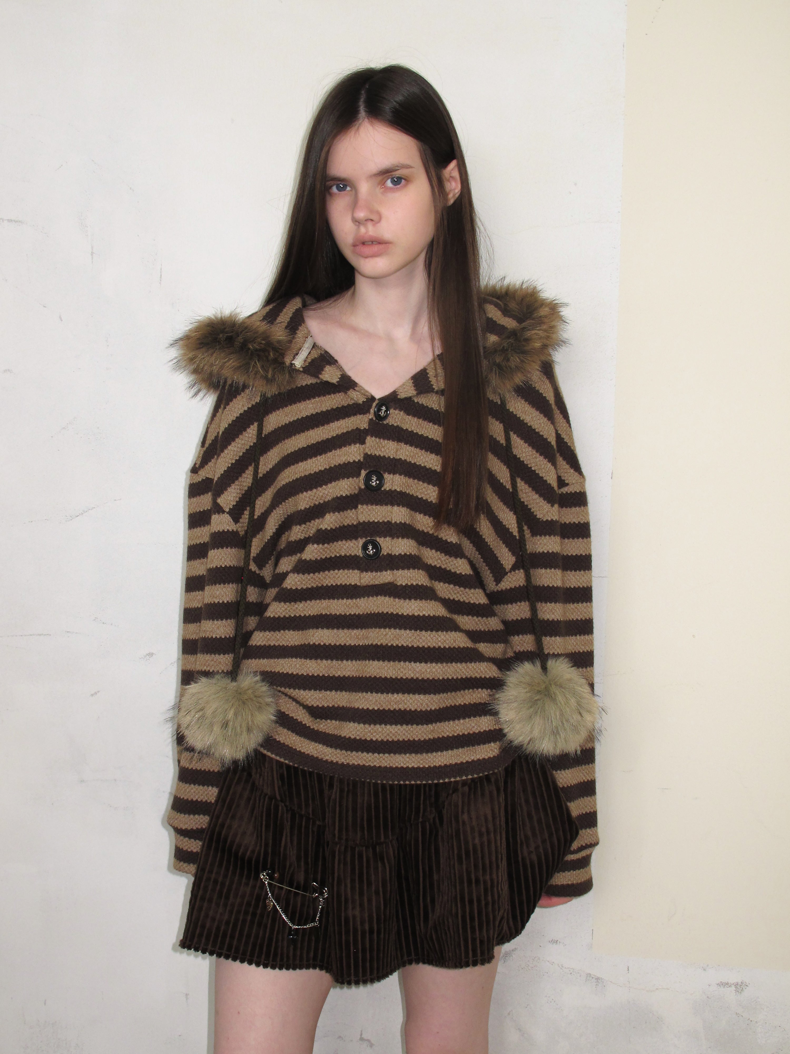 [A001070]New Vintage Stripe Sweatshirt - Relaxed Fit with Pom-Pom Detail