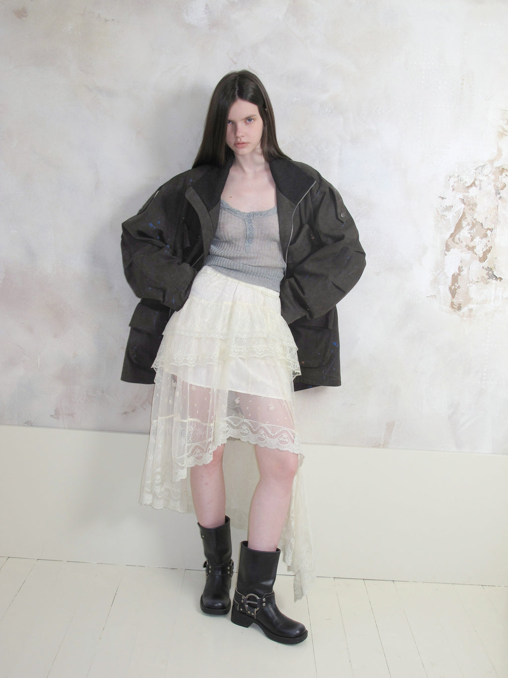 [A001087]Romantic Tiered Lace & Tulle Skirt - Asymmetric Hemline