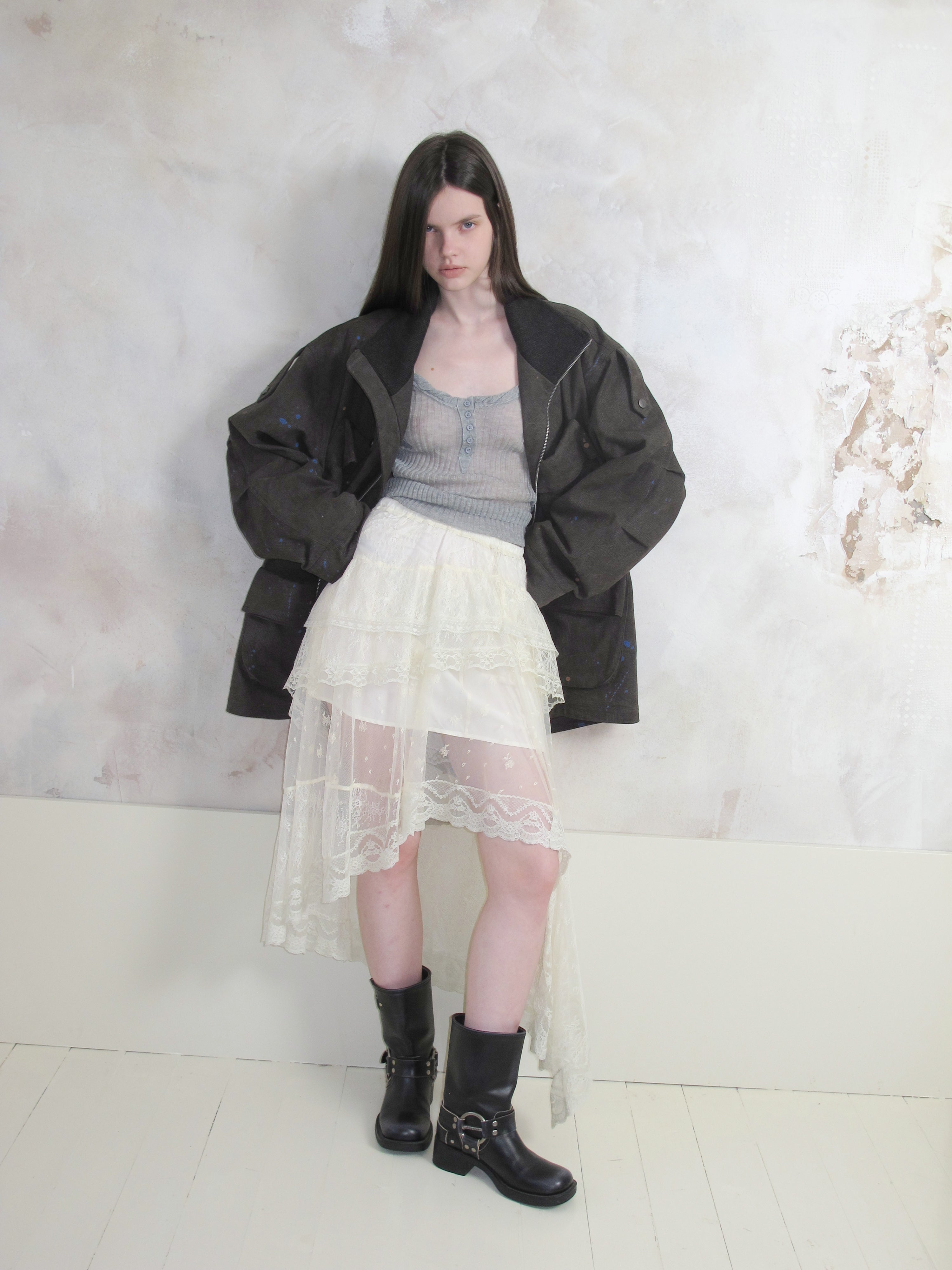 [A001087]Romantic Tiered Lace & Tulle Skirt - Asymmetric Hemline