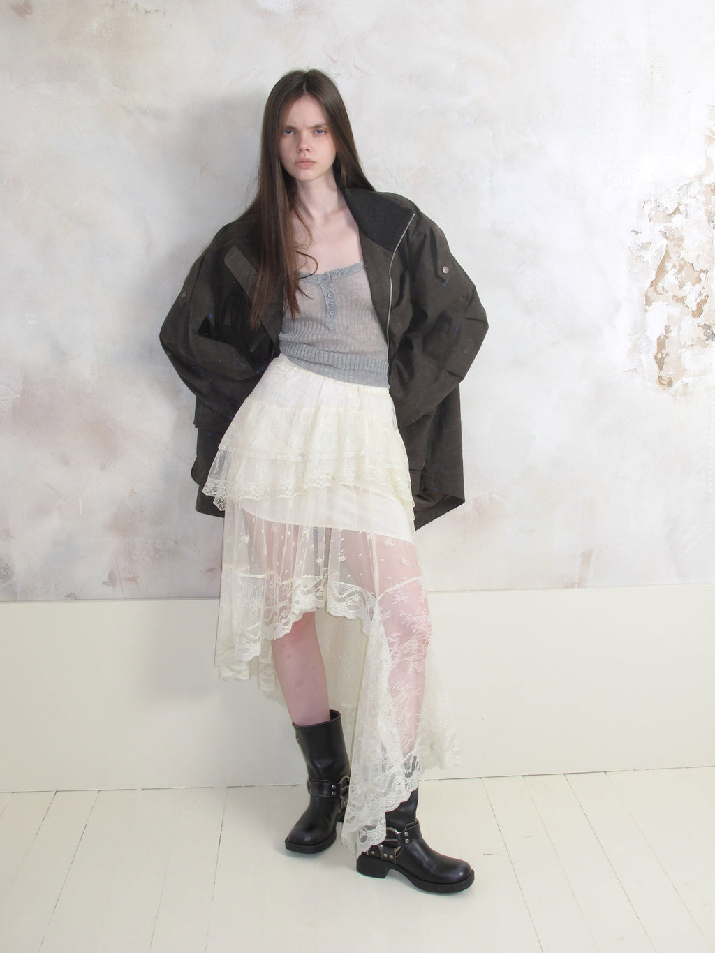 [A001087]Romantic Tiered Lace & Tulle Skirt - Asymmetric Hemline