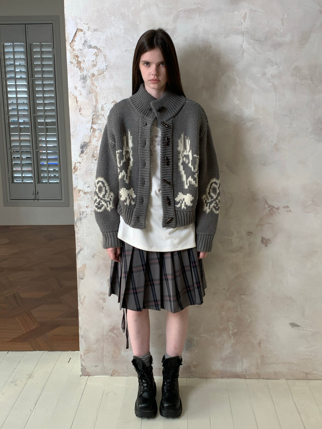 [A001078]Intellectualist Grey & Pink Plaid Pleated Midi Skirt