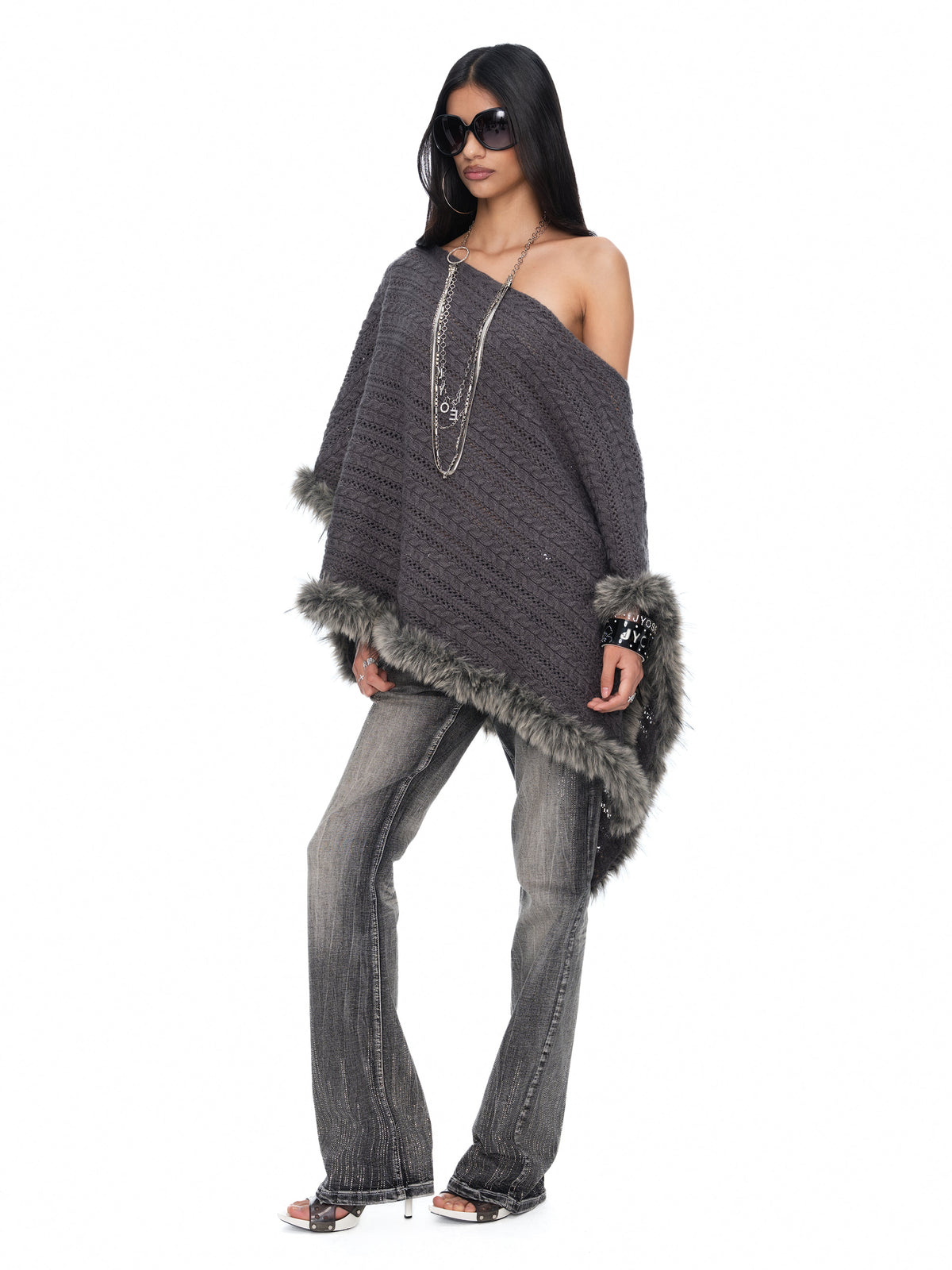 Sloane Grey Merino-Blend Off-Shoulder Chunky Cable-Knit Sweater with Fluffy Trim