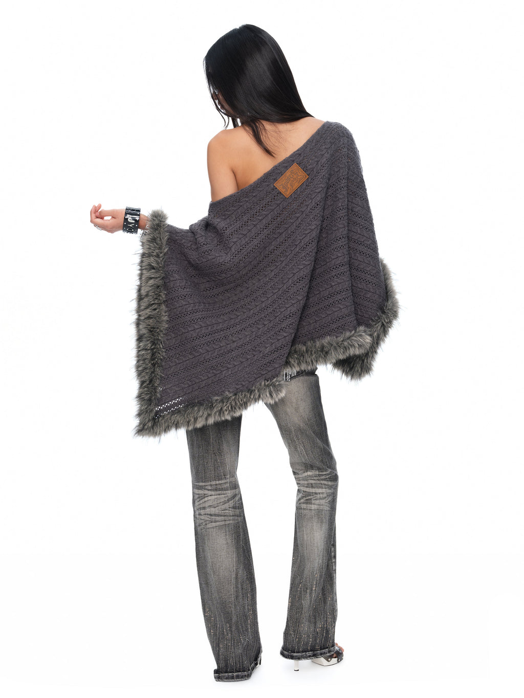 Sloane Grey Merino-Blend Off-Shoulder Chunky Cable-Knit Sweater with Fluffy Trim