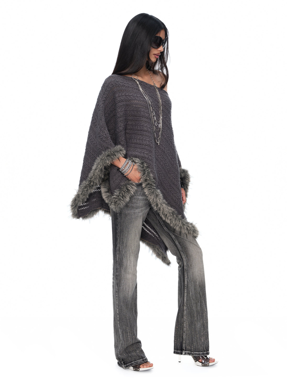Sloane Grey Merino-Blend Off-Shoulder Chunky Cable-Knit Sweater with Fluffy Trim