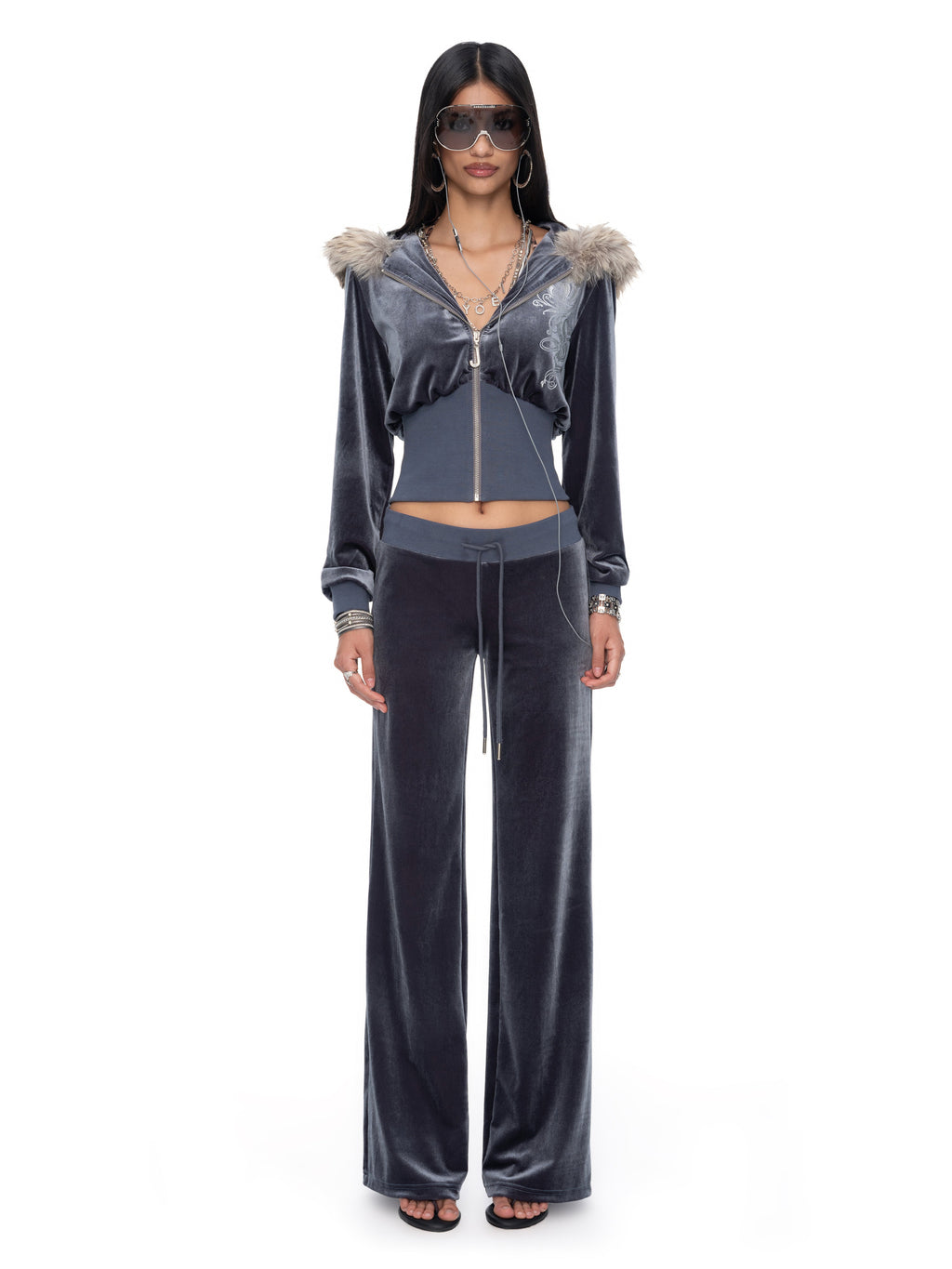 Sloane Grey-Blue Velvet Fur-Trim Hoodie and Straight-Leg Pants Matching Set