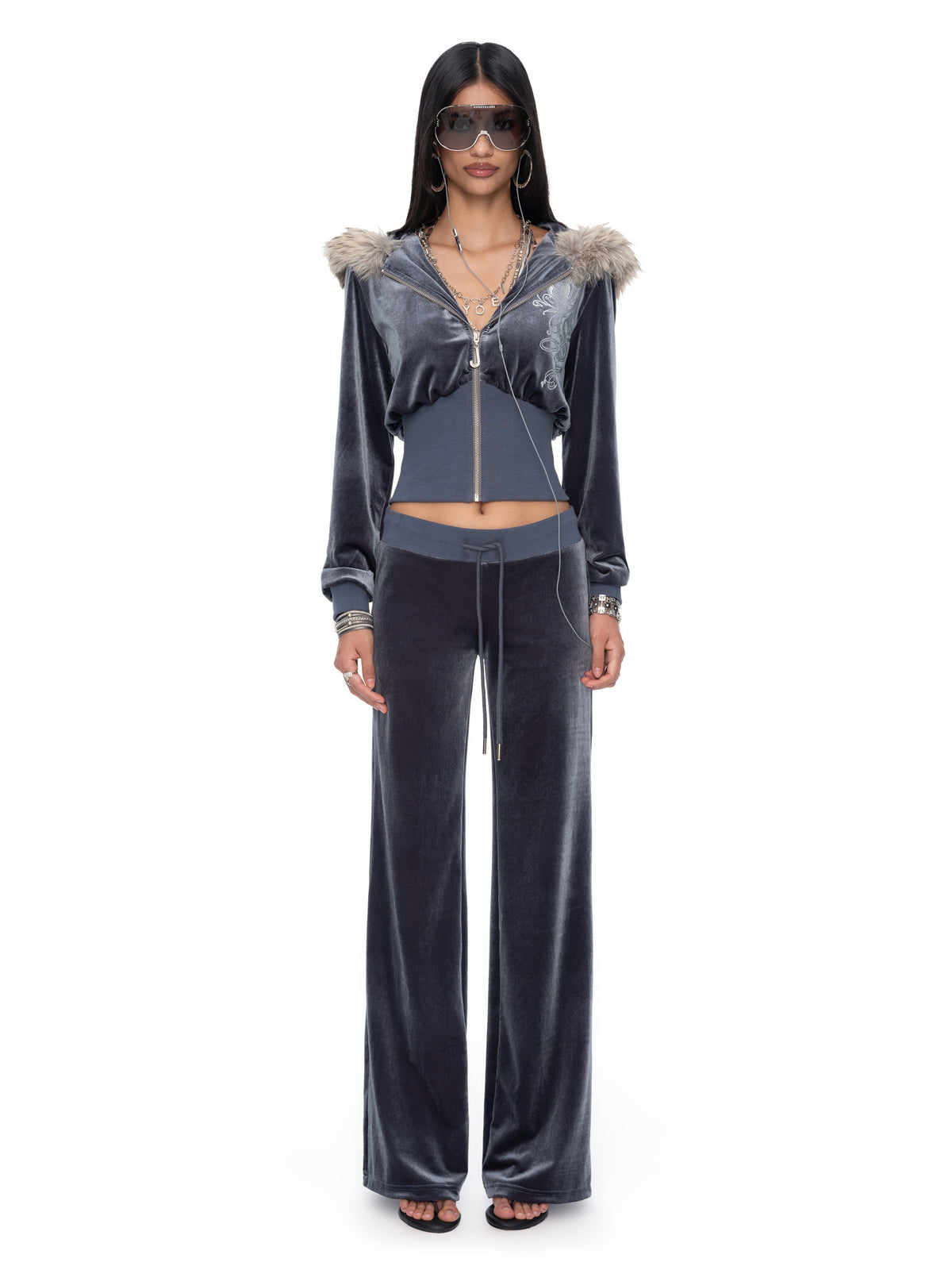 Sloane Grey-Blue Velvet Fur-Trim Hoodie and Straight-Leg Pants Matching Set