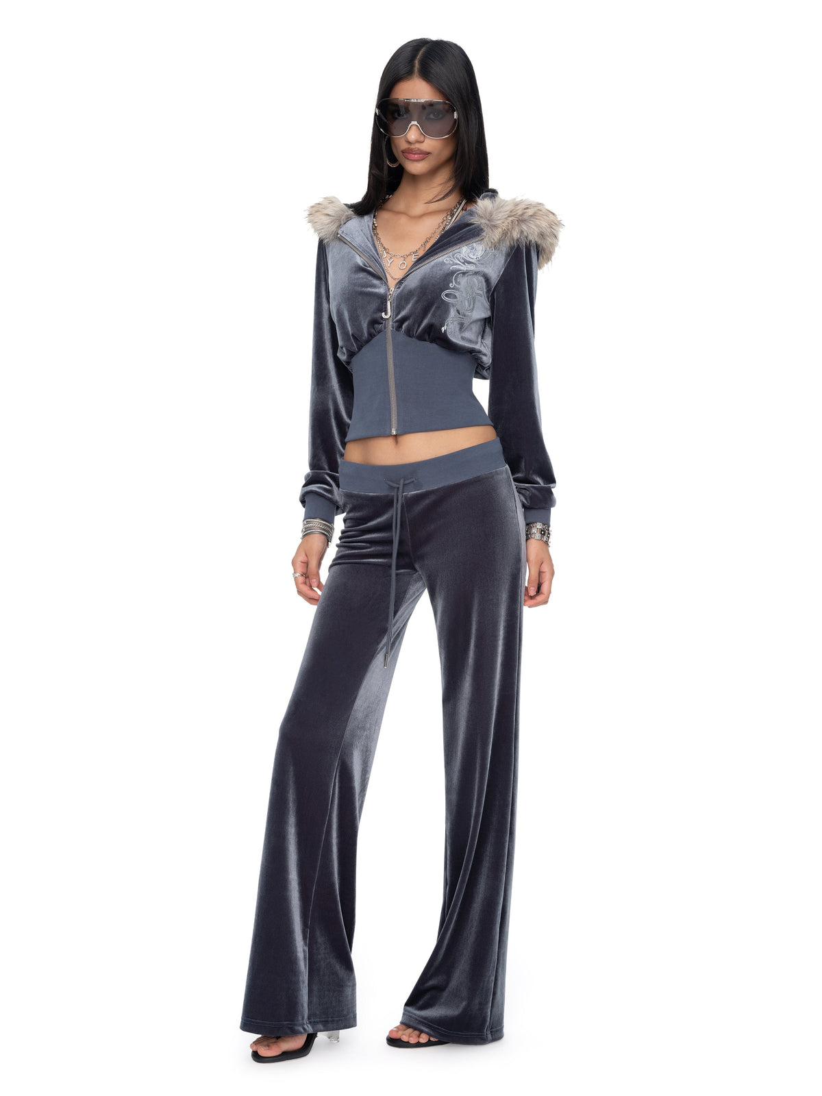 Sloane Grey-Blue Velvet Fur-Trim Hoodie and Straight-Leg Pants Matching Set