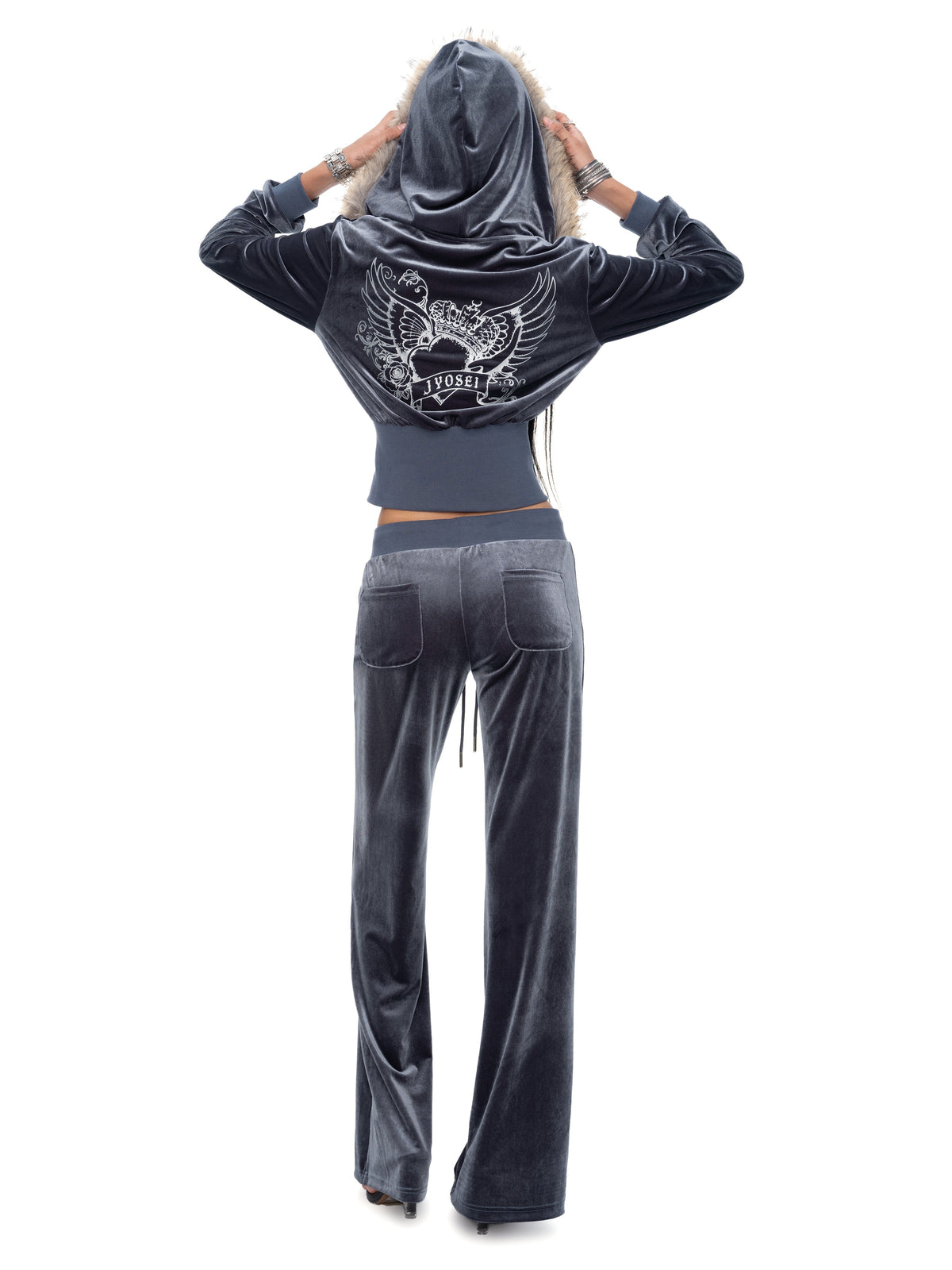 Sloane Grey-Blue Velvet Fur-Trim Hoodie and Straight-Leg Pants Matching Set