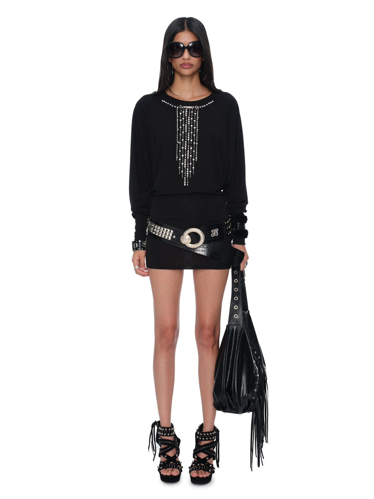 Sloane Sheer Black Rhinestone Batwing Open-Back Chain Mini Dress