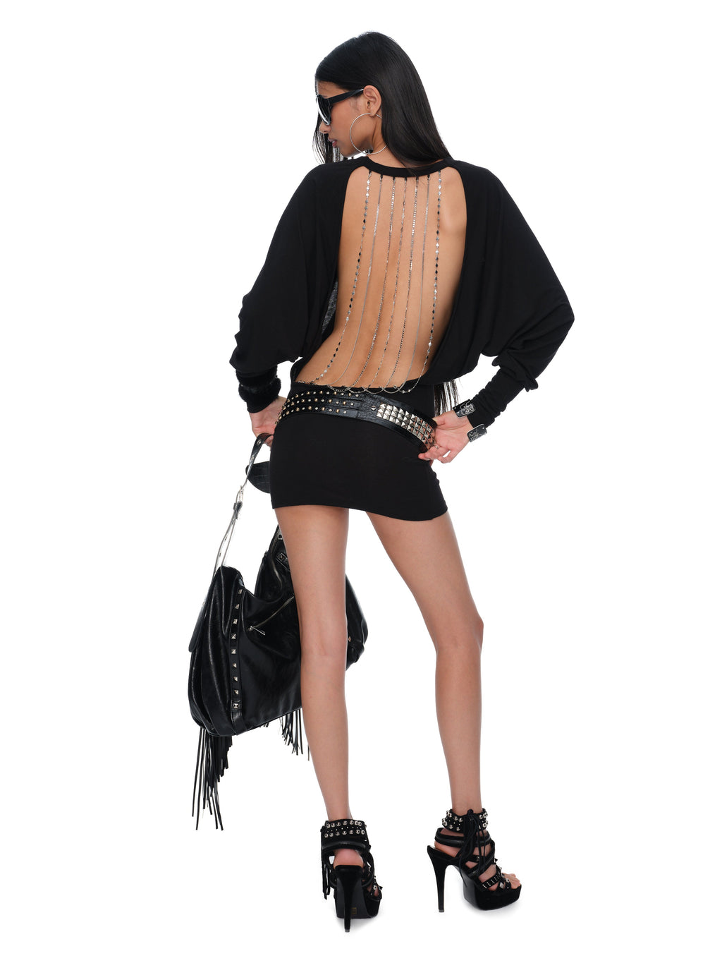 Sloane Sheer Black Rhinestone Batwing Open-Back Chain Mini Dress