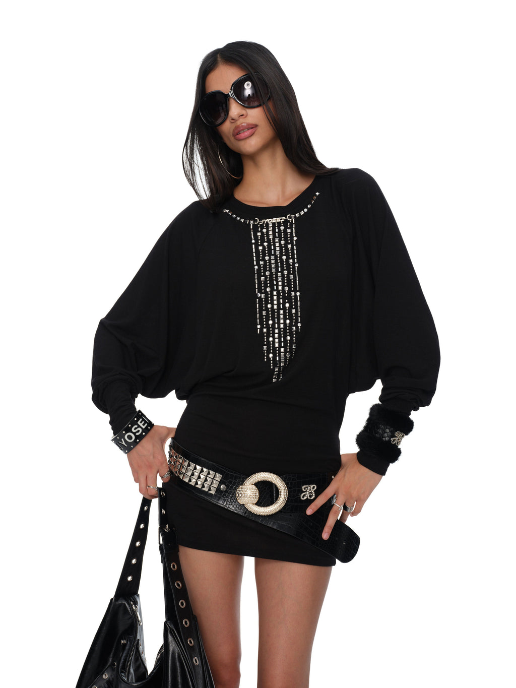 Sloane Sheer Black Rhinestone Batwing Open-Back Chain Mini Dress