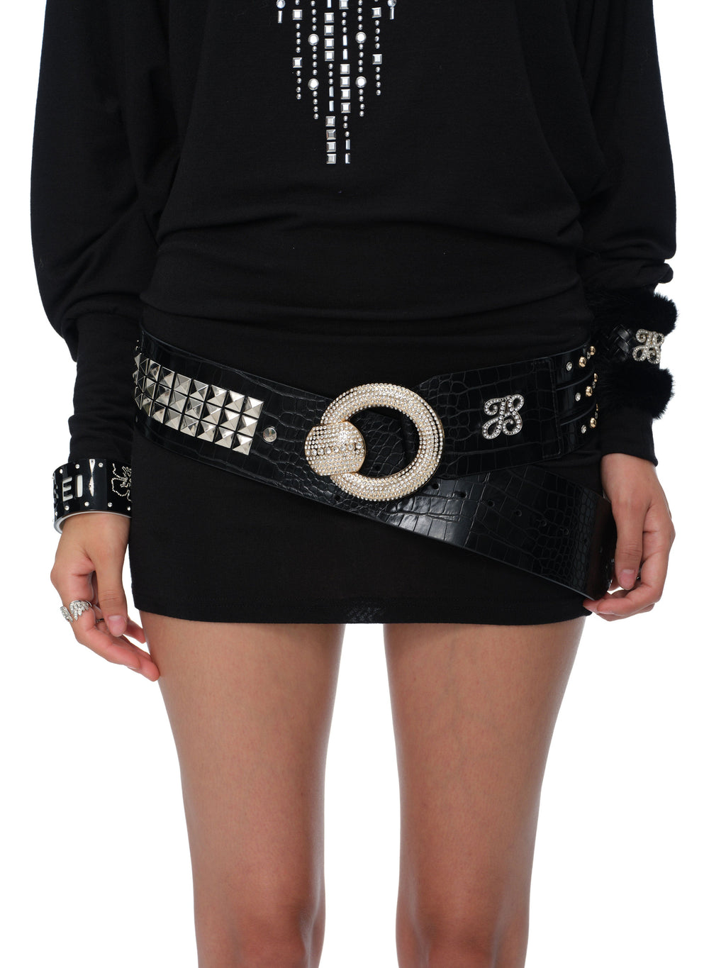 Sloane Croco-Effect Studded Rhinestone Statement Belt with Detachable Faux-Fur