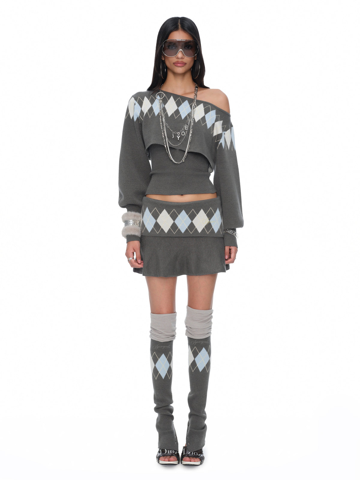 Lola Grey-Blue Argyle Knit Two-Piece Cropped One-Shoulder Overlay and Bandeau Top Set