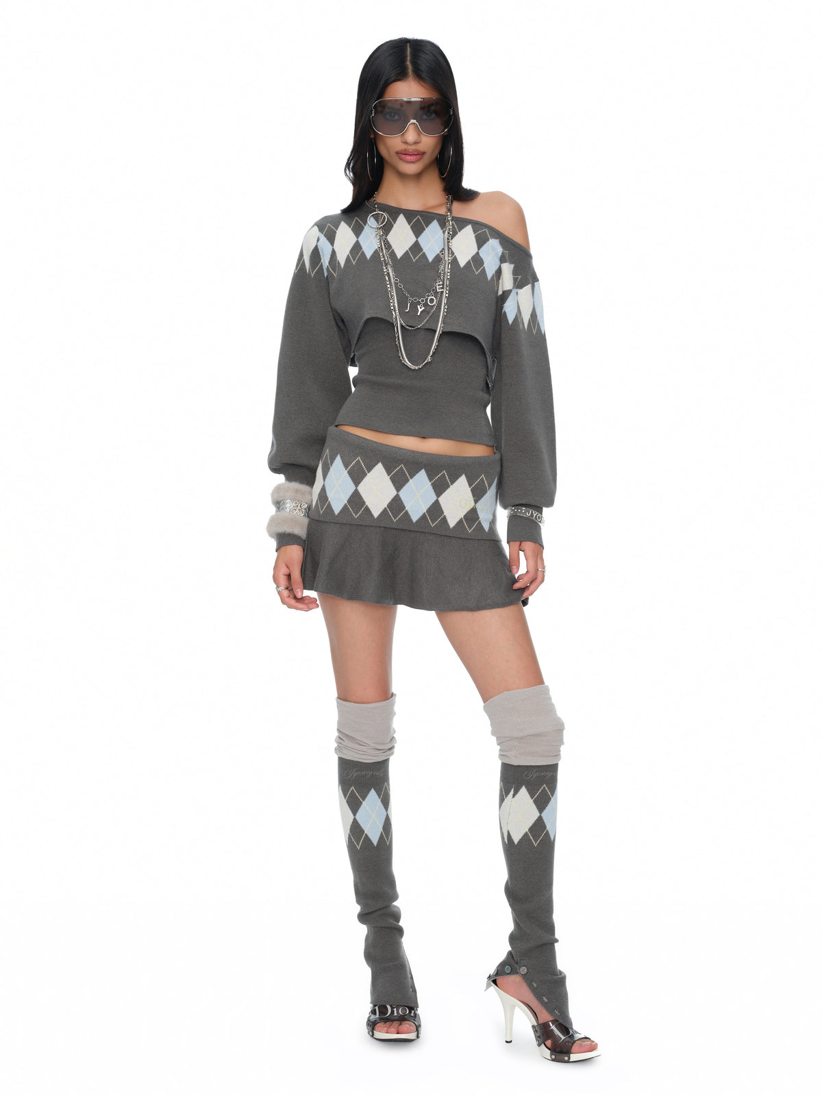Lola Grey-Blue Argyle Knit Low-Rise Folded Waistband Mini Skirt