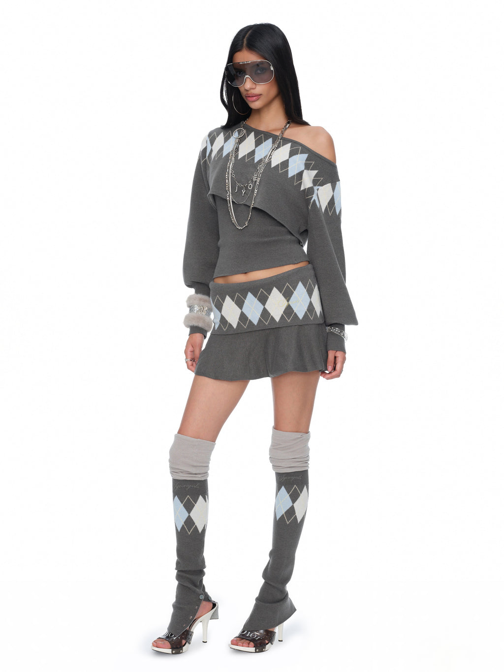Lola Grey-Blue Argyle Knit Two-Piece Cropped One-Shoulder Overlay and Bandeau Top Set