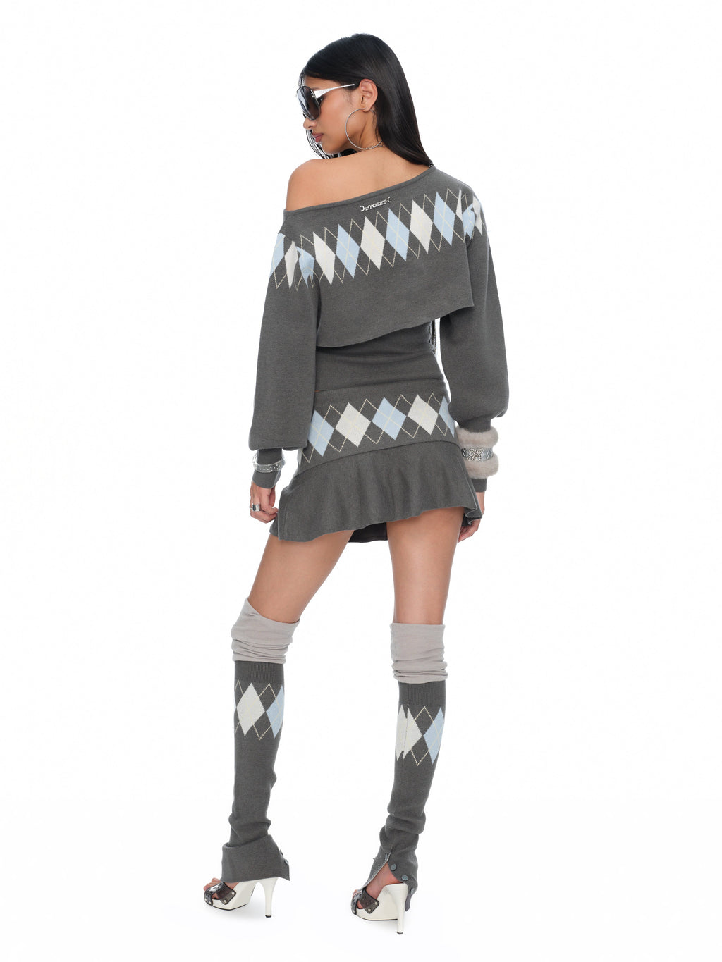 Lola Grey-Blue Argyle Knit Low-Rise Folded Waistband Mini Skirt
