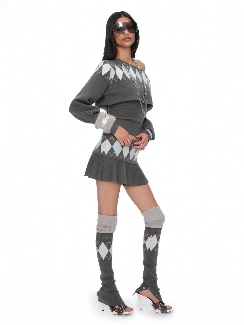 Lola Grey-Blue Argyle Knit Low-Rise Folded Waistband Mini Skirt