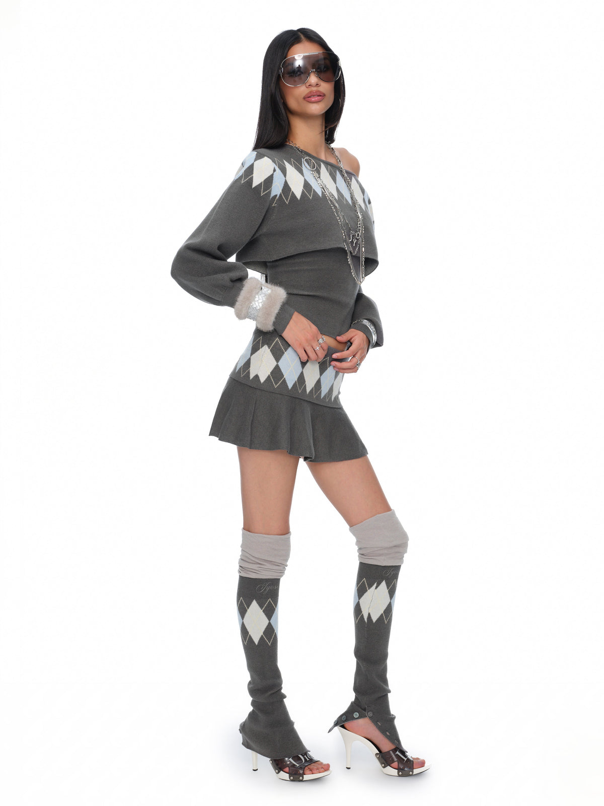 Lola Grey-Blue Argyle Knit Low-Rise Folded Waistband Mini Skirt