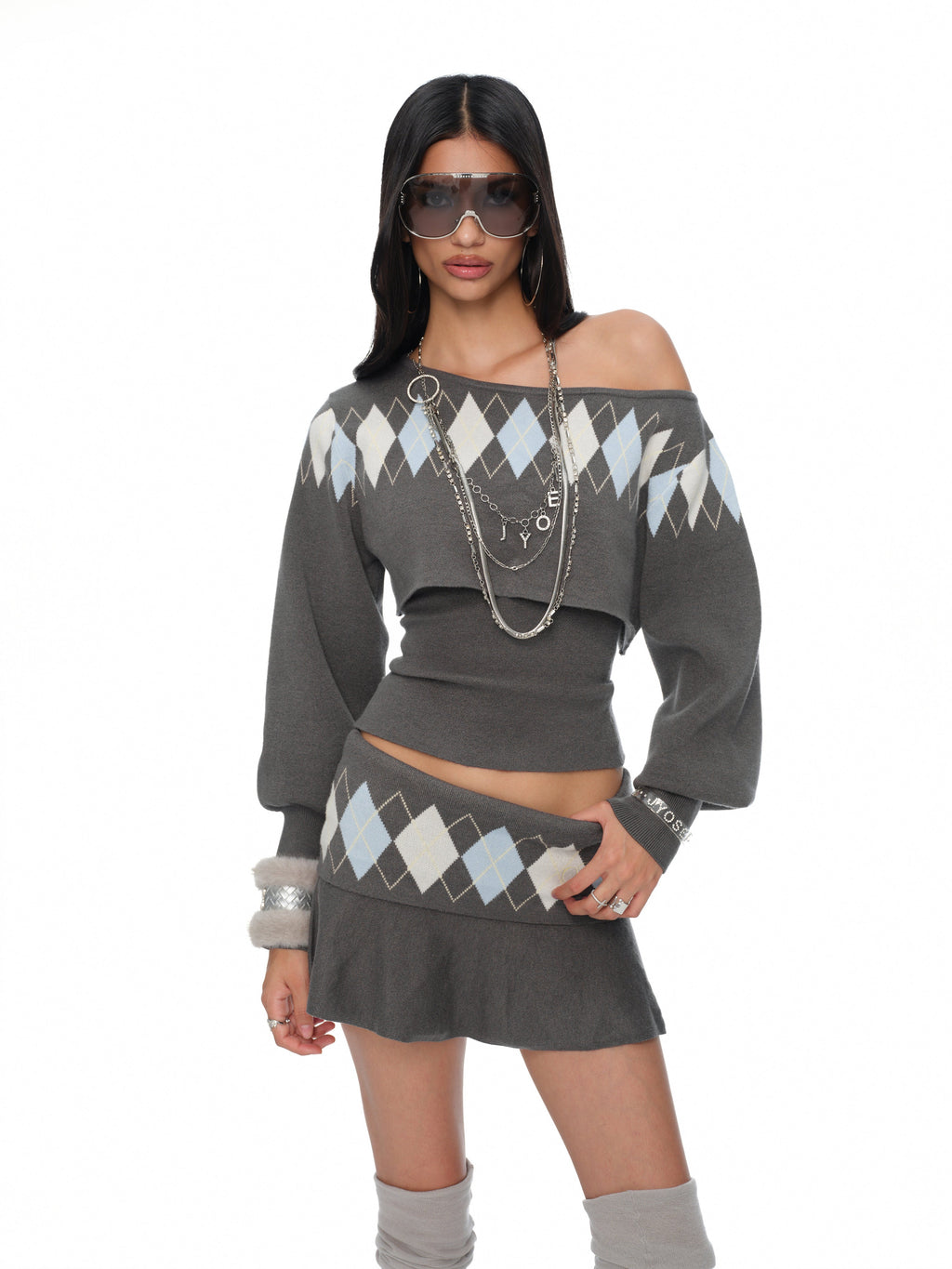 Lola grey-blue argyle knit two-piece top set