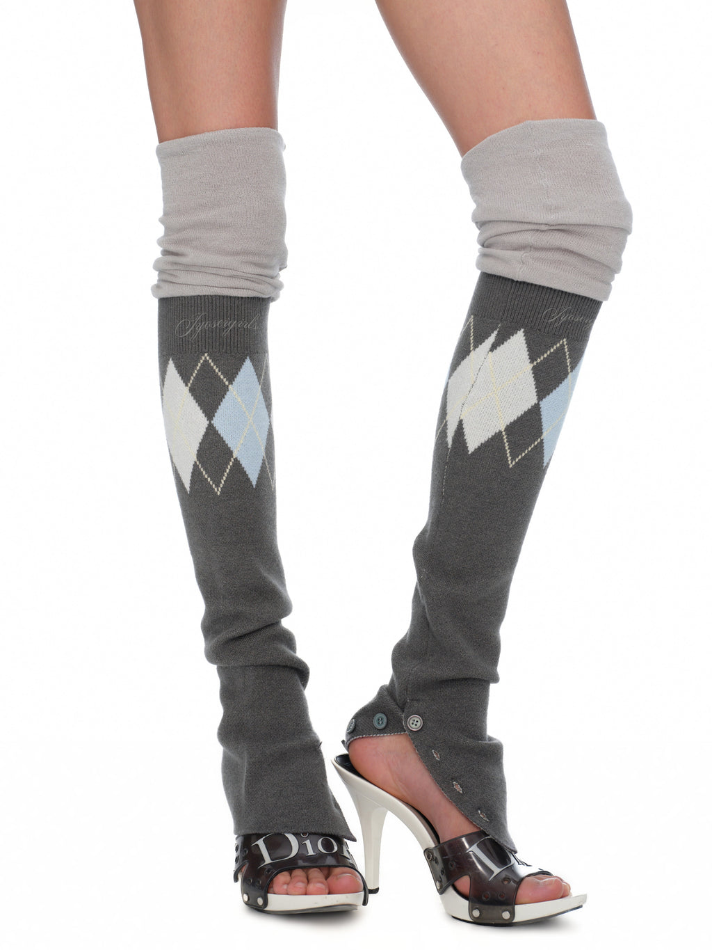 Lola Grey-Blue Argyle Knit Scrunch Leg Warmers