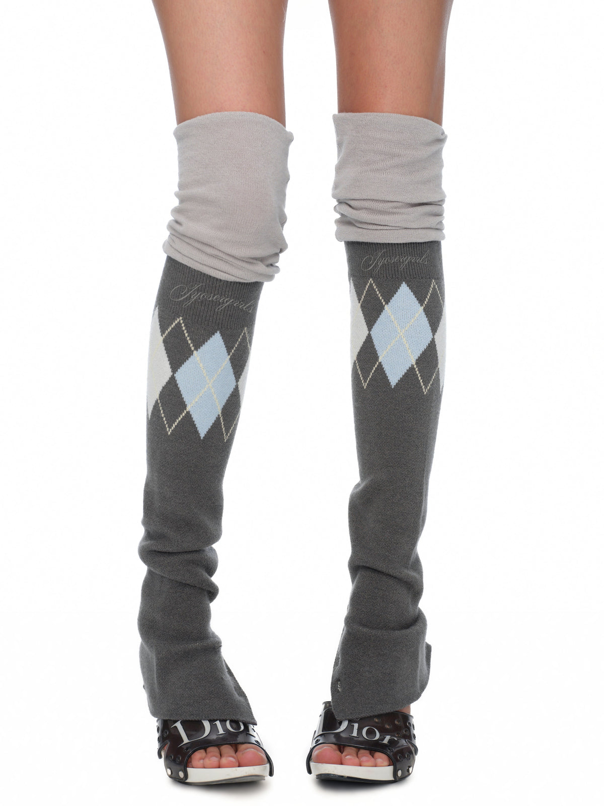 Lola Grey-Blue Argyle Knit Scrunch Leg Warmers