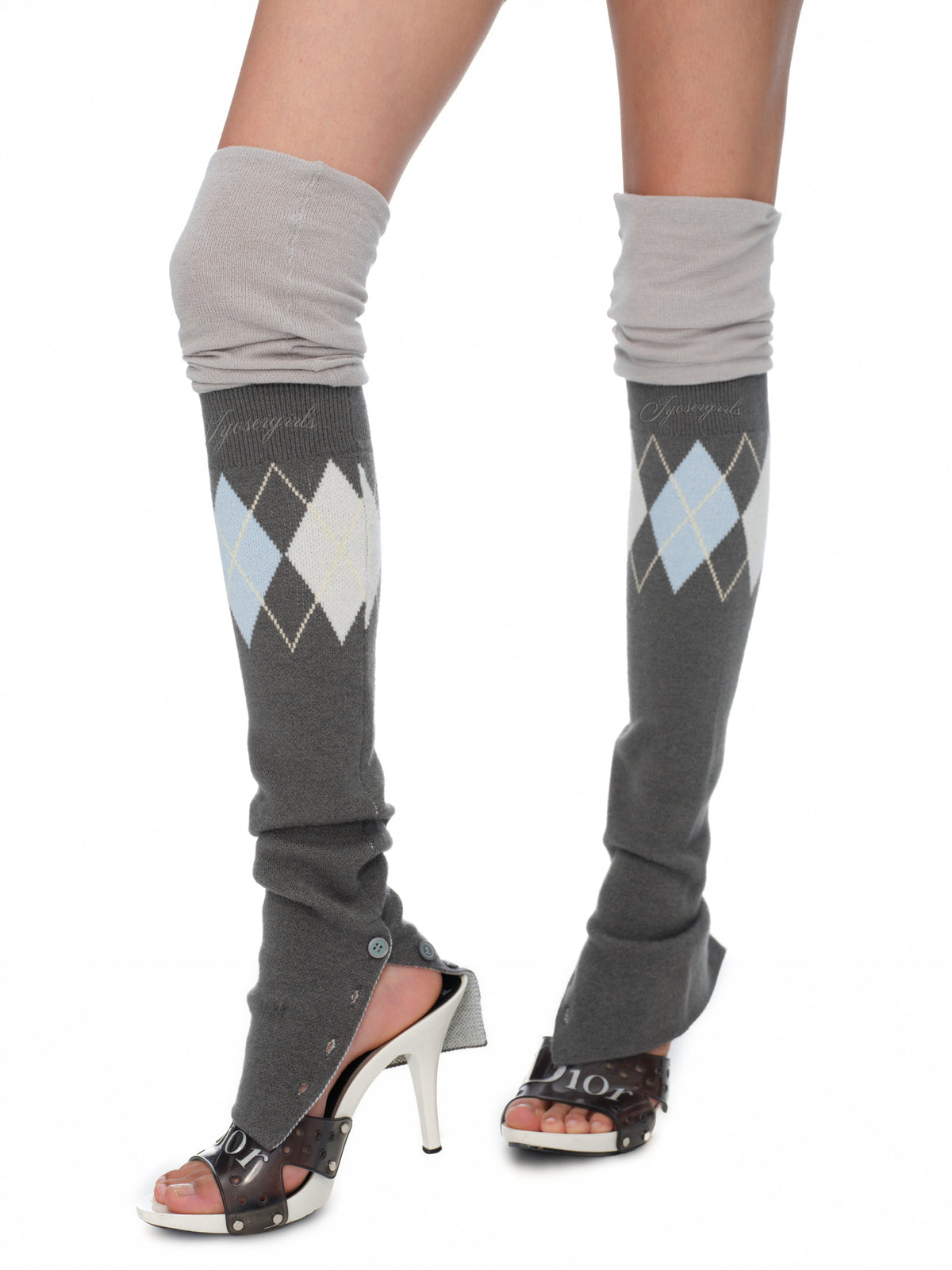 Lola Grey-Blue Argyle Knit Scrunch Leg Warmers