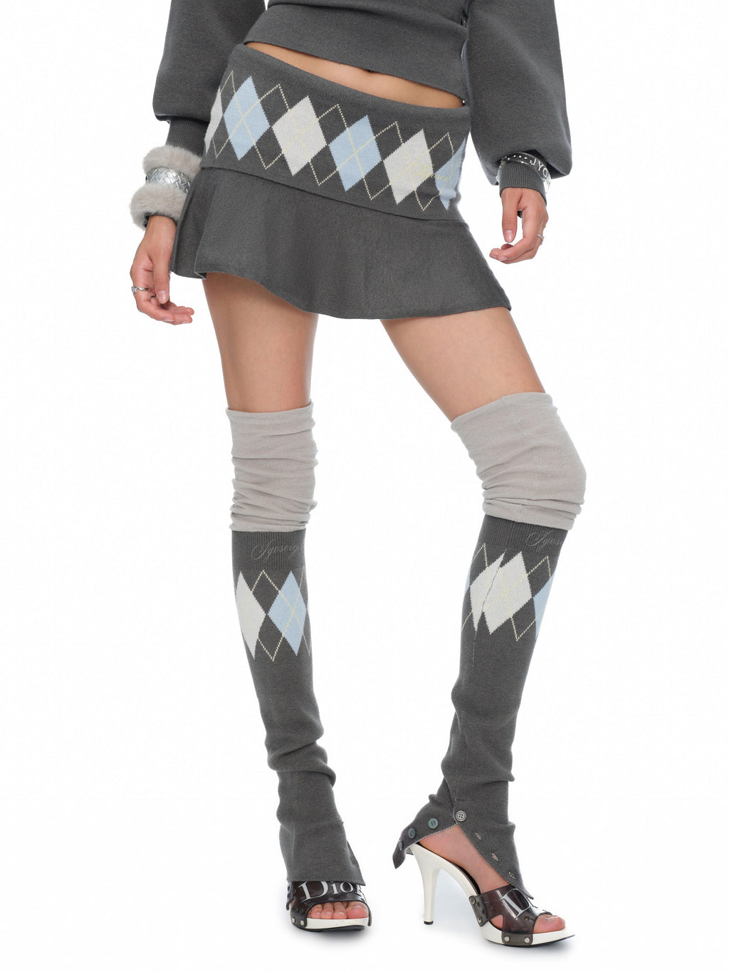 Lola grey-blue argyle knit leg warmers