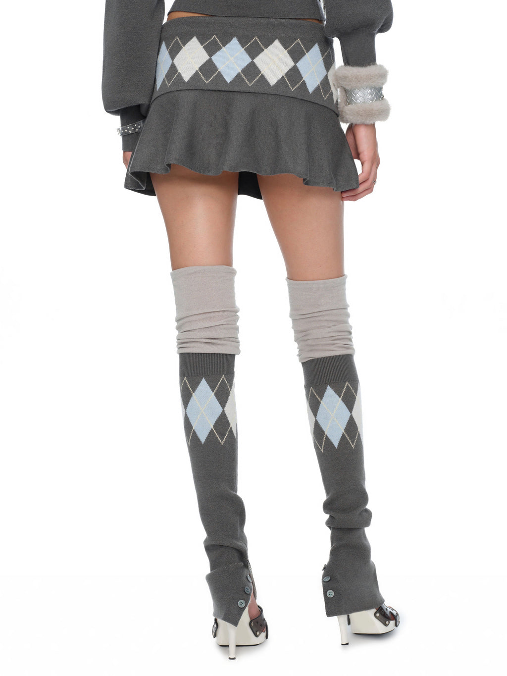 Lola Grey-Blue Argyle Knit Scrunch Leg Warmers