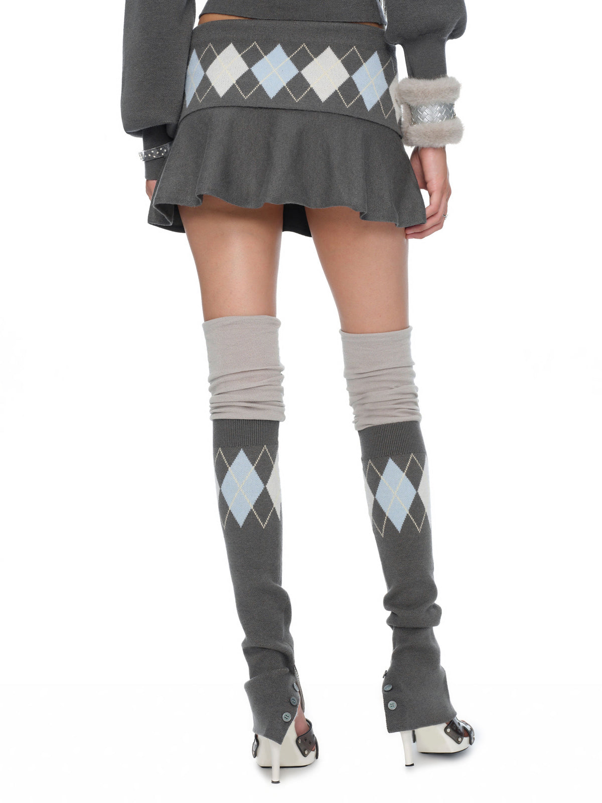 Lola Grey-Blue Argyle Knit Scrunch Leg Warmers