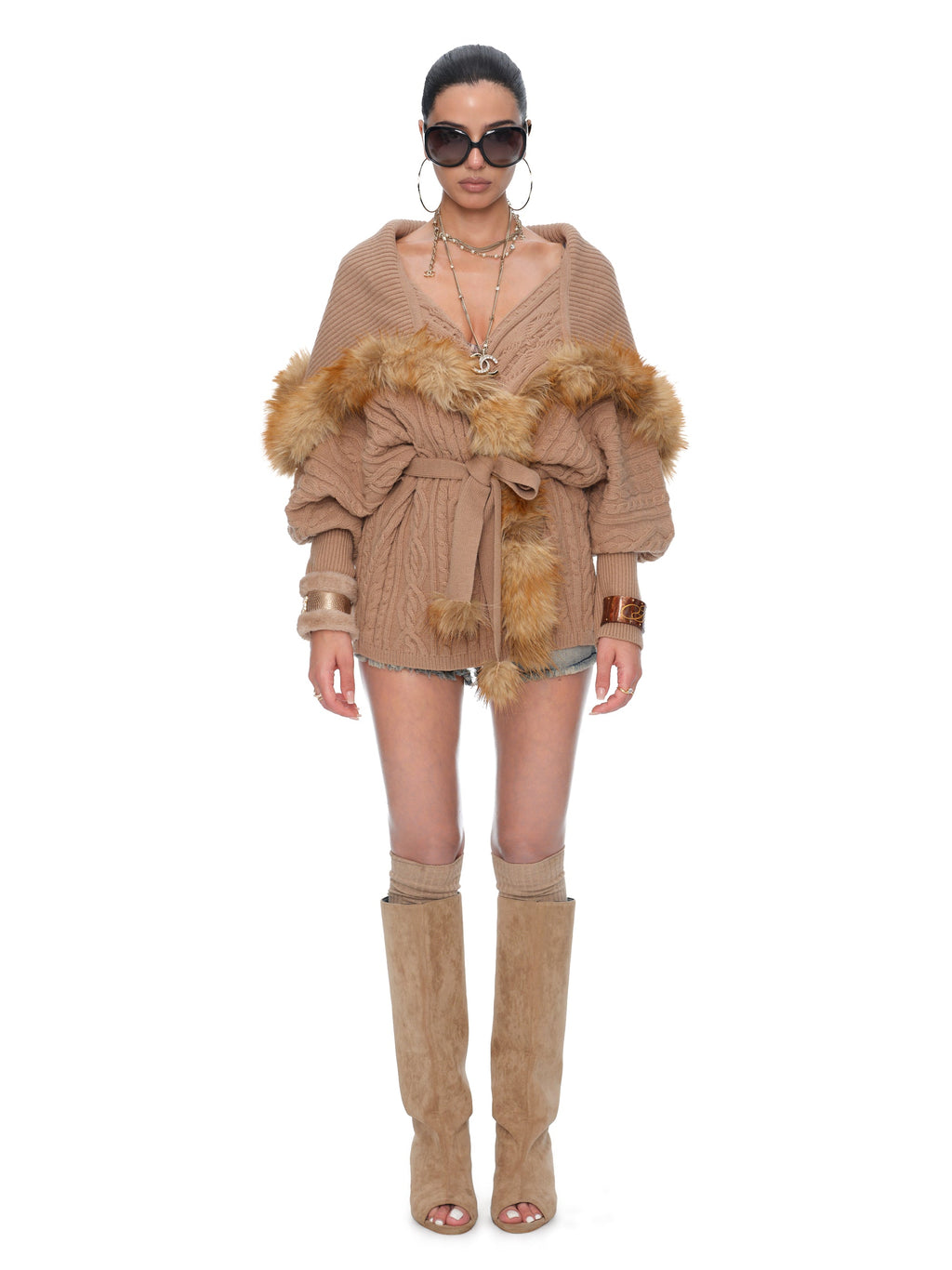 Marlowe Chunky Cable-Knit Wool Batwing Cardigan with Faux-Fox Fur Trim