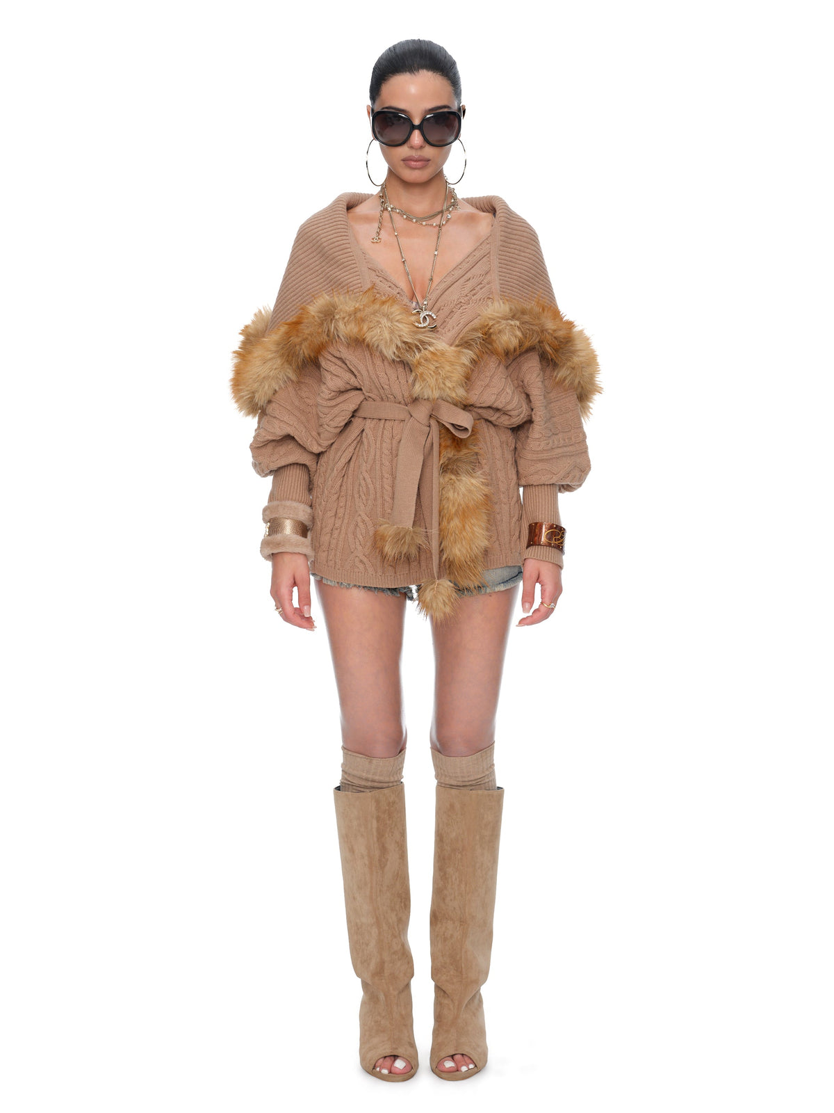 Marlowe Chunky Cable-Knit Wool Batwing Cardigan with Faux-Fox Fur Trim