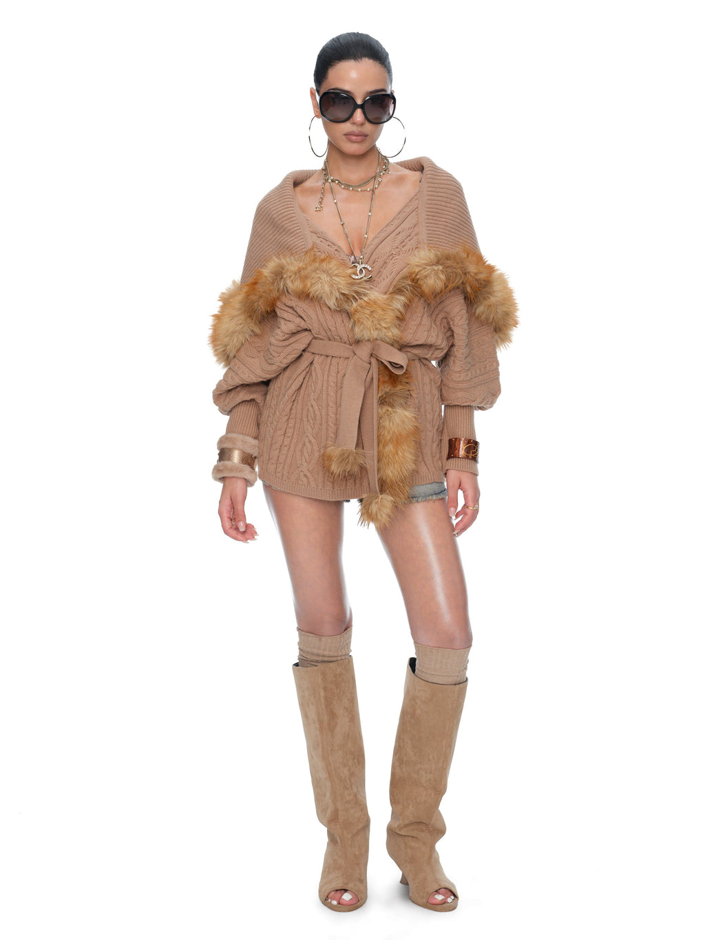 Marlowe Chunky Cable-Knit Wool Batwing Cardigan with Faux-Fox Fur Trim