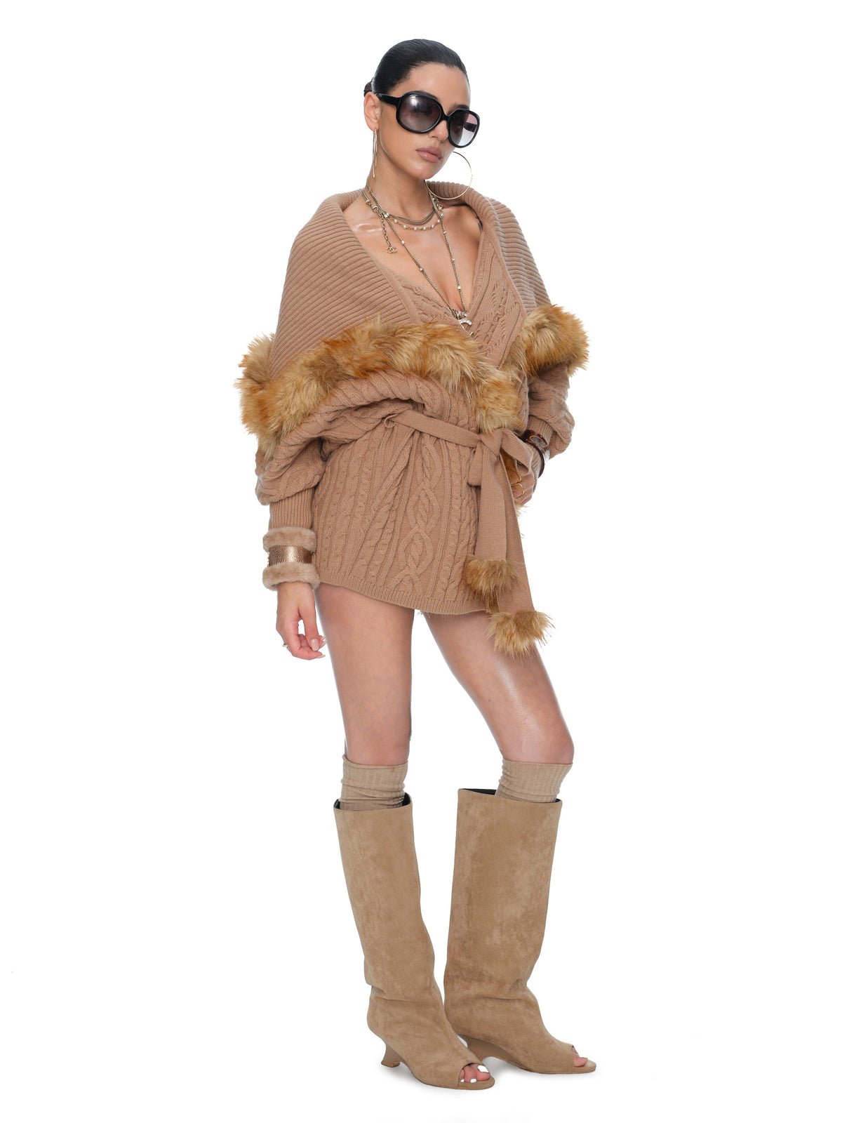 Marlowe Chunky Cable-Knit Wool Batwing Cardigan with Faux-Fox Fur Trim