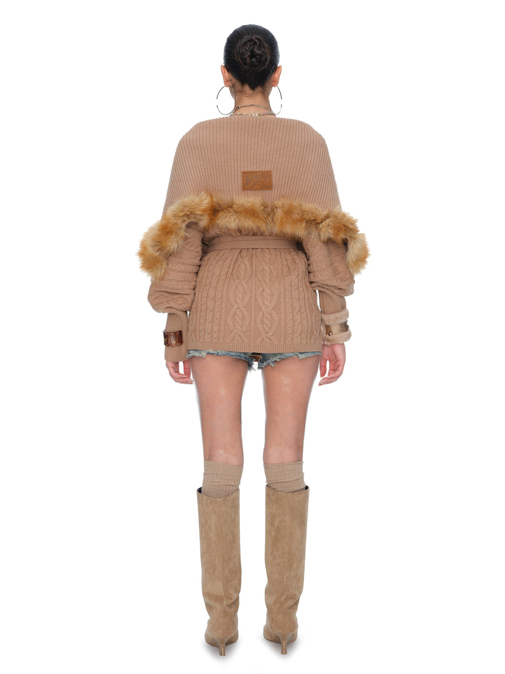 Marlowe Chunky Cable-Knit Wool Batwing Cardigan with Faux-Fox Fur Trim