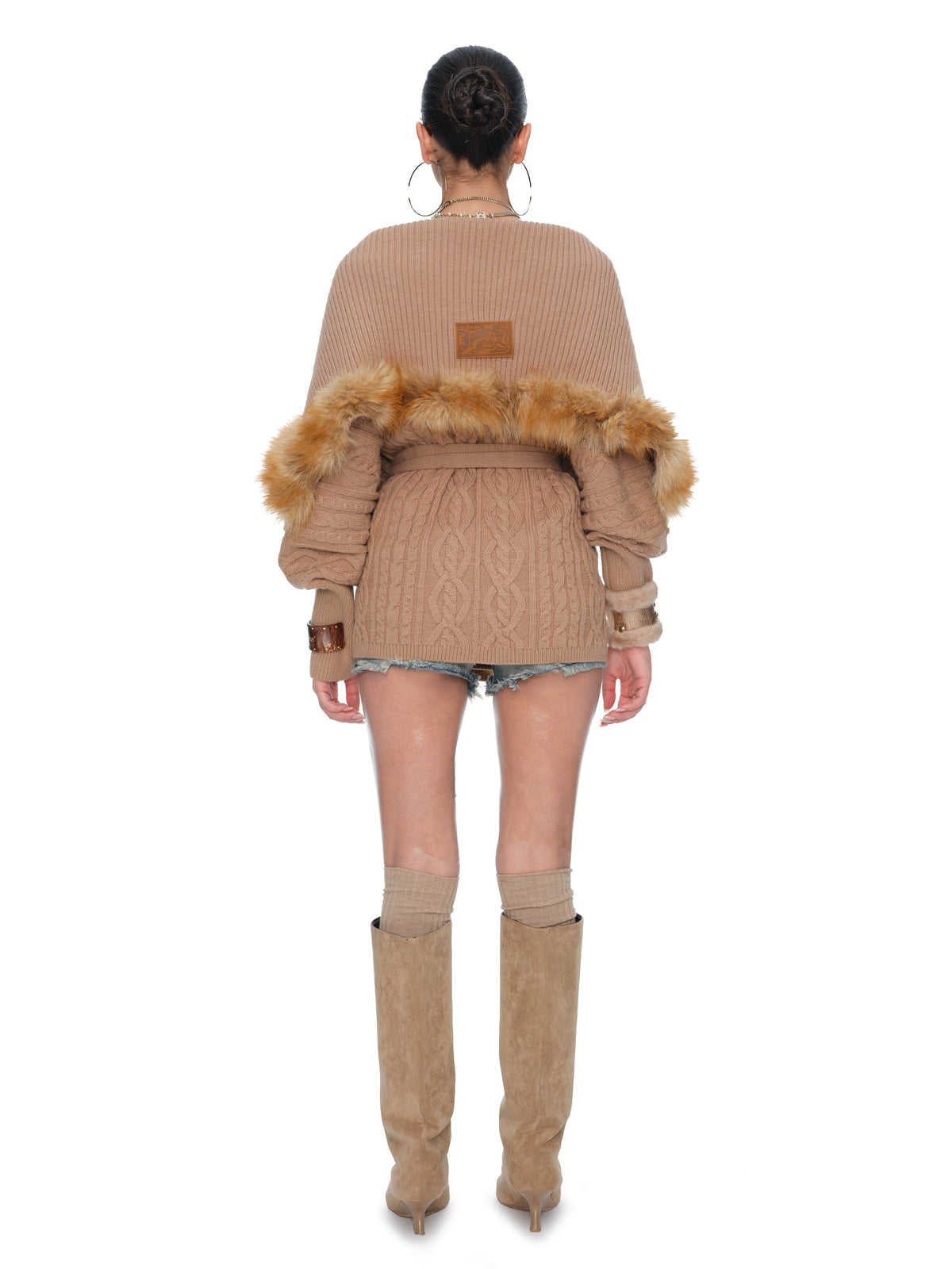 Marlowe Chunky Cable-Knit Wool Batwing Cardigan with Faux-Fox Fur Trim