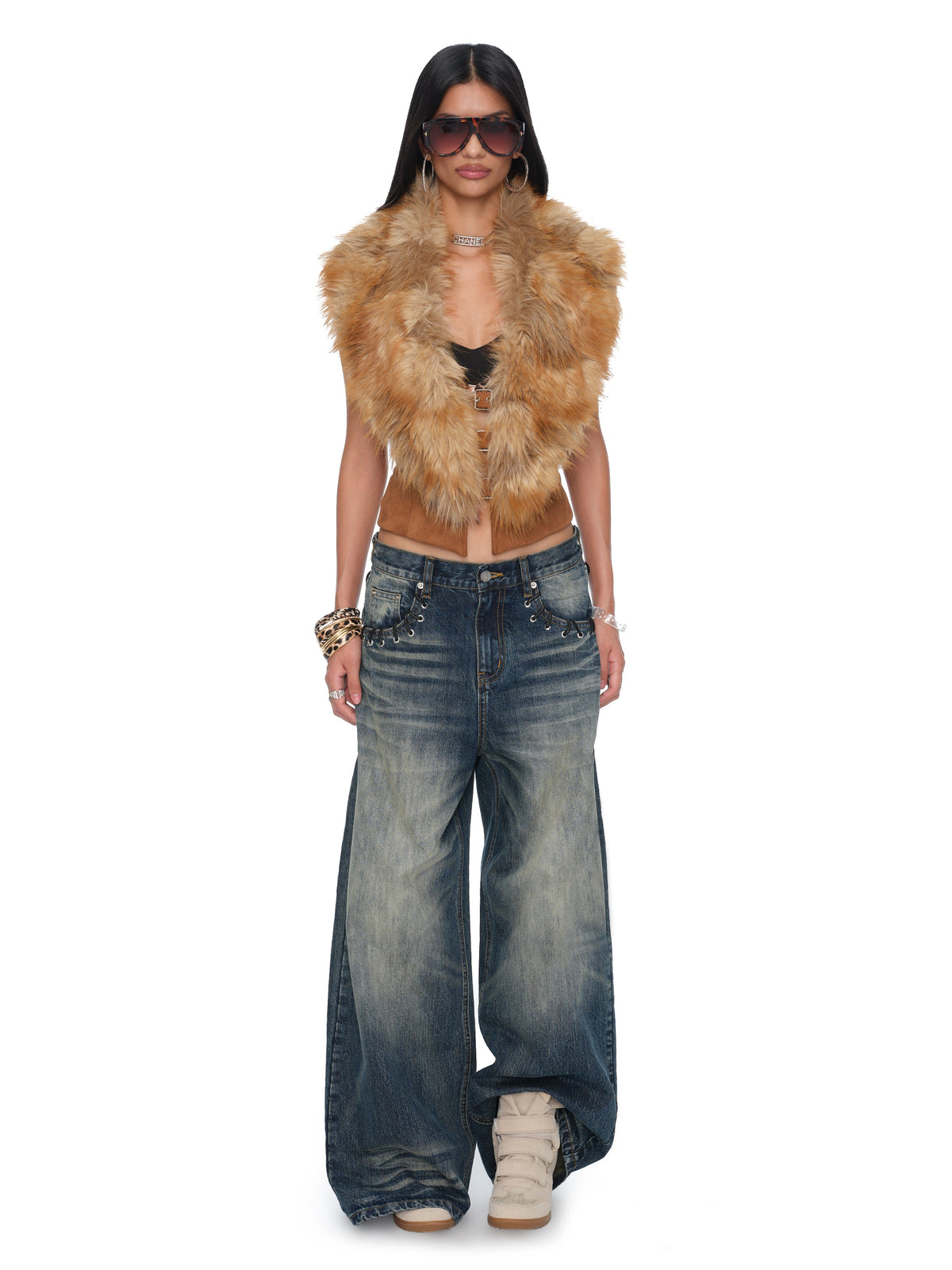 Solane Brown Suede Faux-Fox Fur Collar Open-Back Sculpted Waist Vest