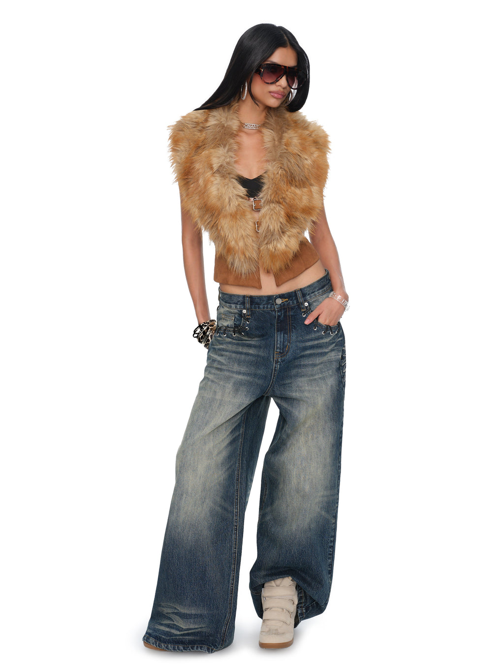 Solane Brown Suede Faux-Fox Fur Collar Open-Back Sculpted Waist Vest