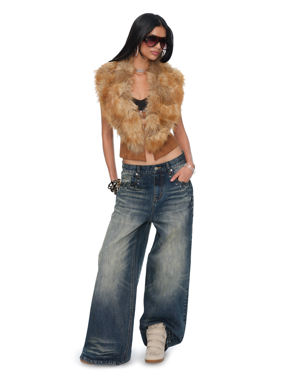 Solane Brown Suede Faux-Fox Fur Collar Open-Back Sculpted Waist Vest