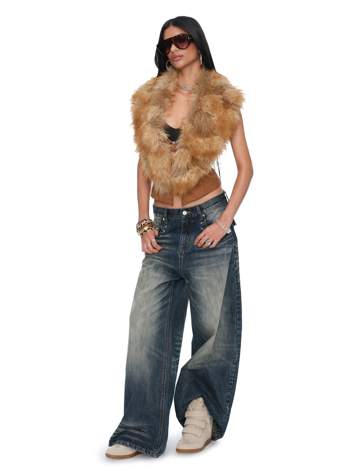 Solane Brown Suede Faux-Fox Fur Collar Open-Back Sculpted Waist Vest