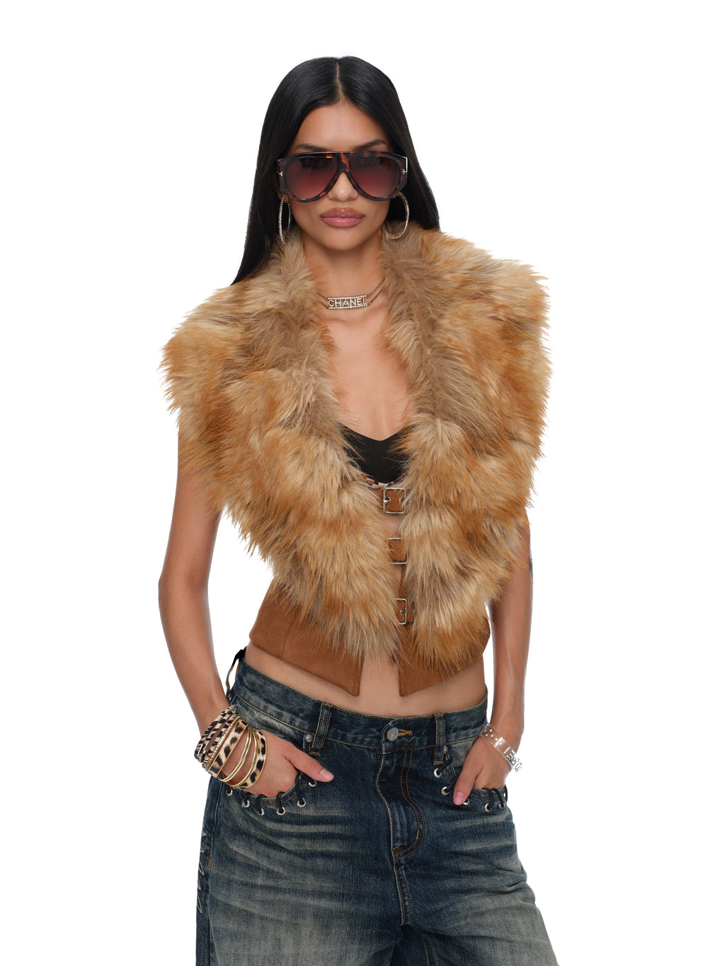 Solane brown suede faux-fur collar open-back vest